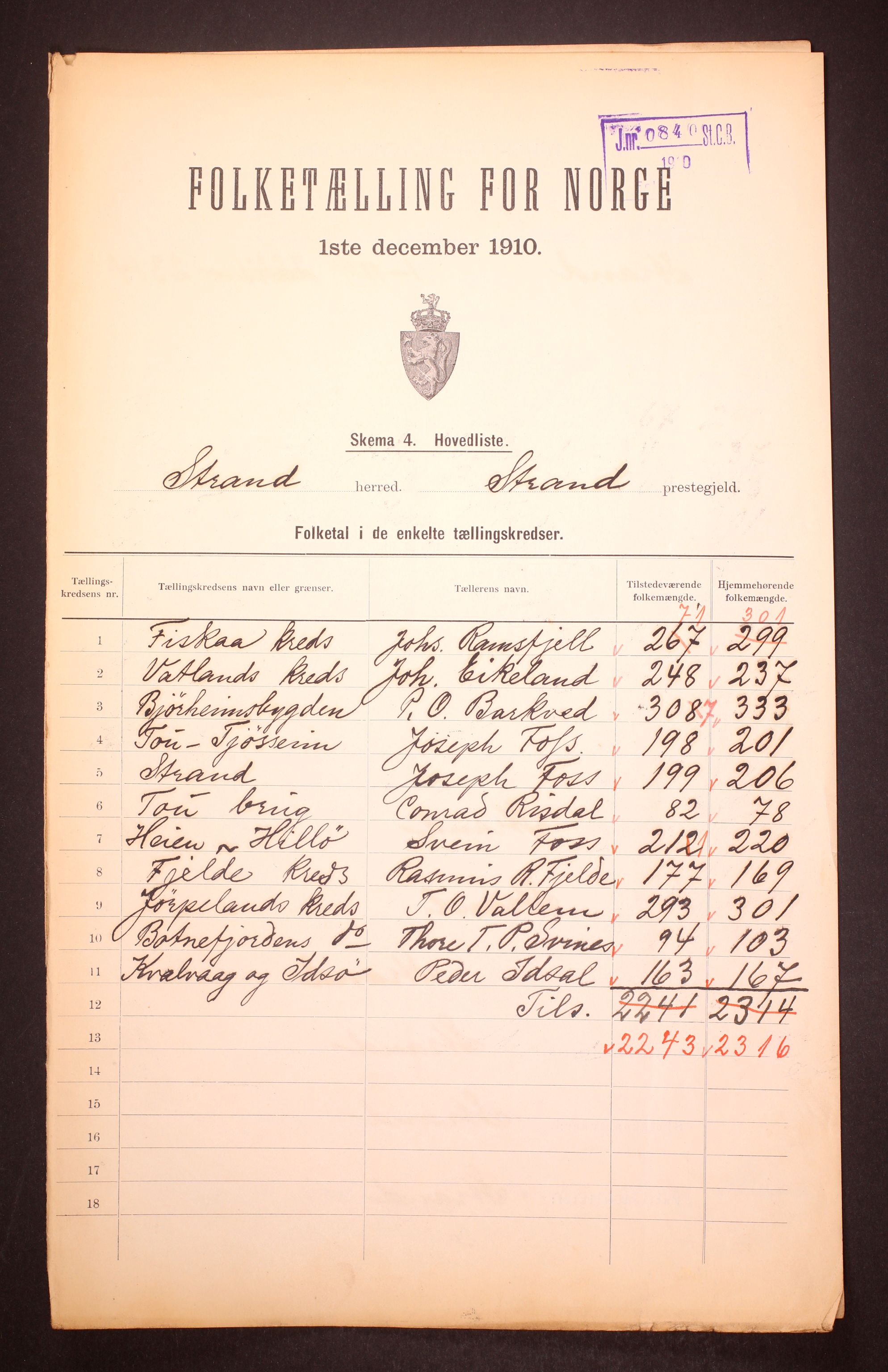 RA, 1910 census for Strand, 1910, p. 2