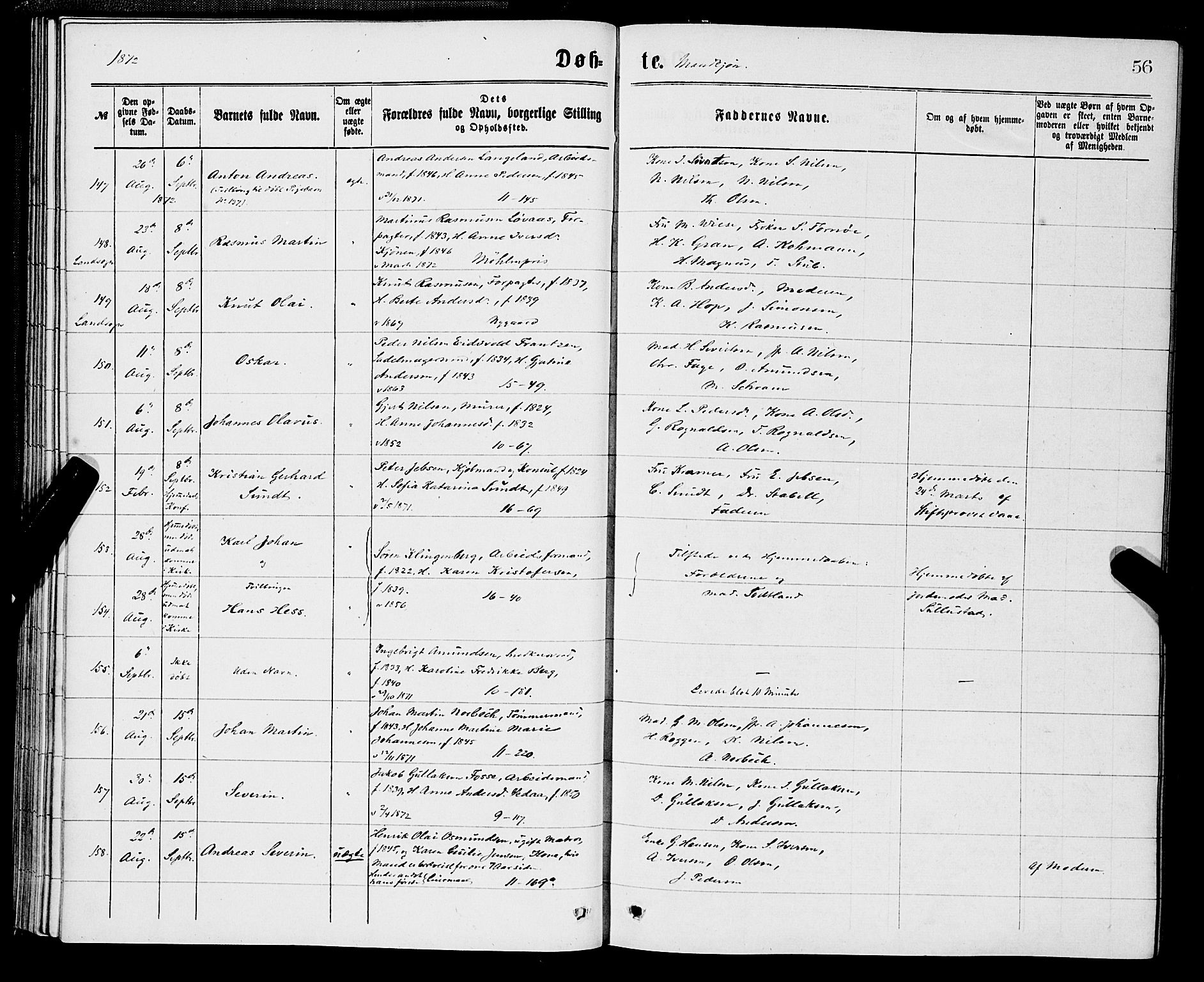Domkirken sokneprestembete, SAB/A-74801/H/Hab/L0013: Parish register (copy) no. B 6, 1869-1876, p. 56