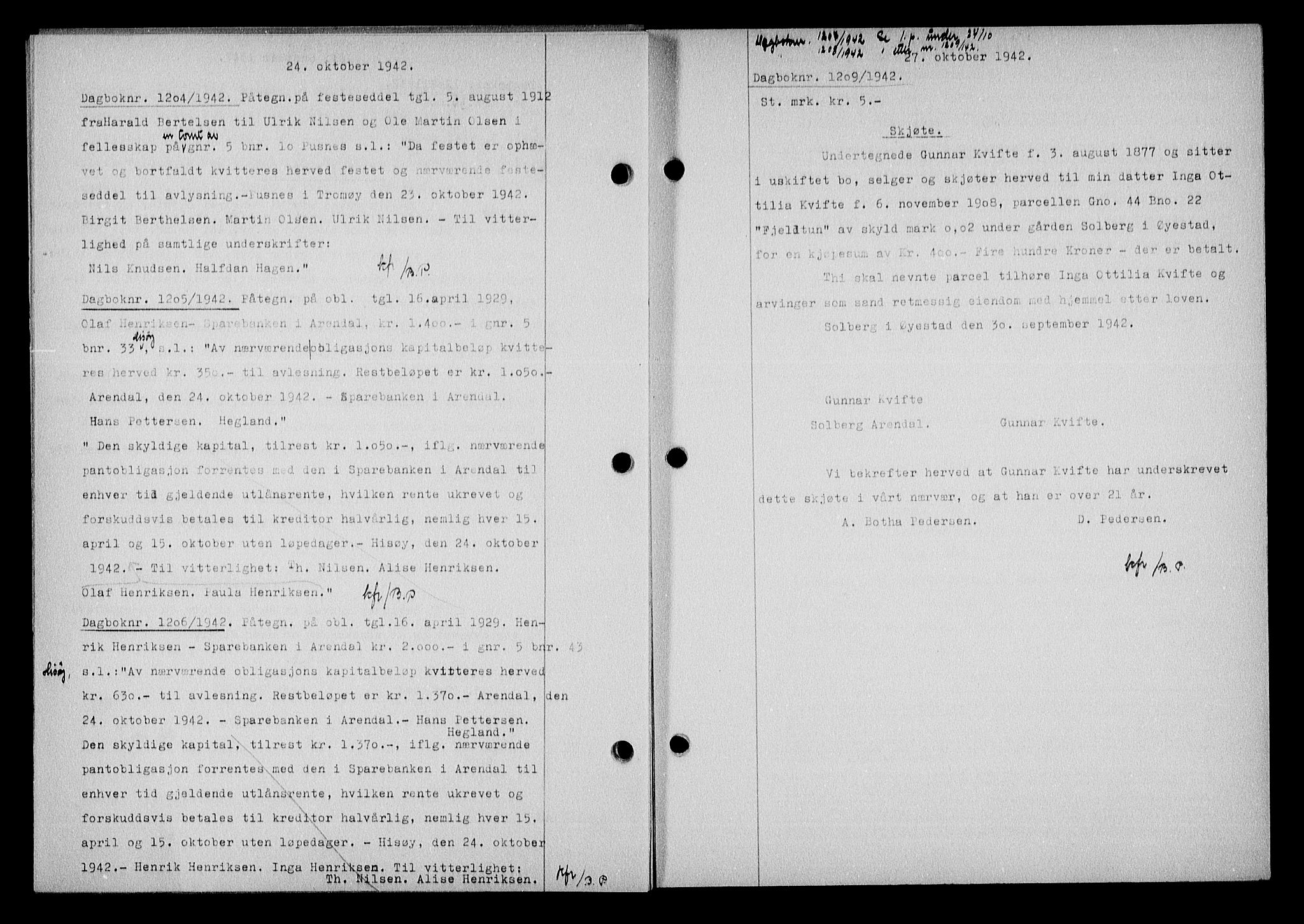 Nedenes sorenskriveri, SAK/1221-0006/G/Gb/Gba/L0050: Mortgage book no. A-IV, 1942-1943, Diary no: : 1209/1942