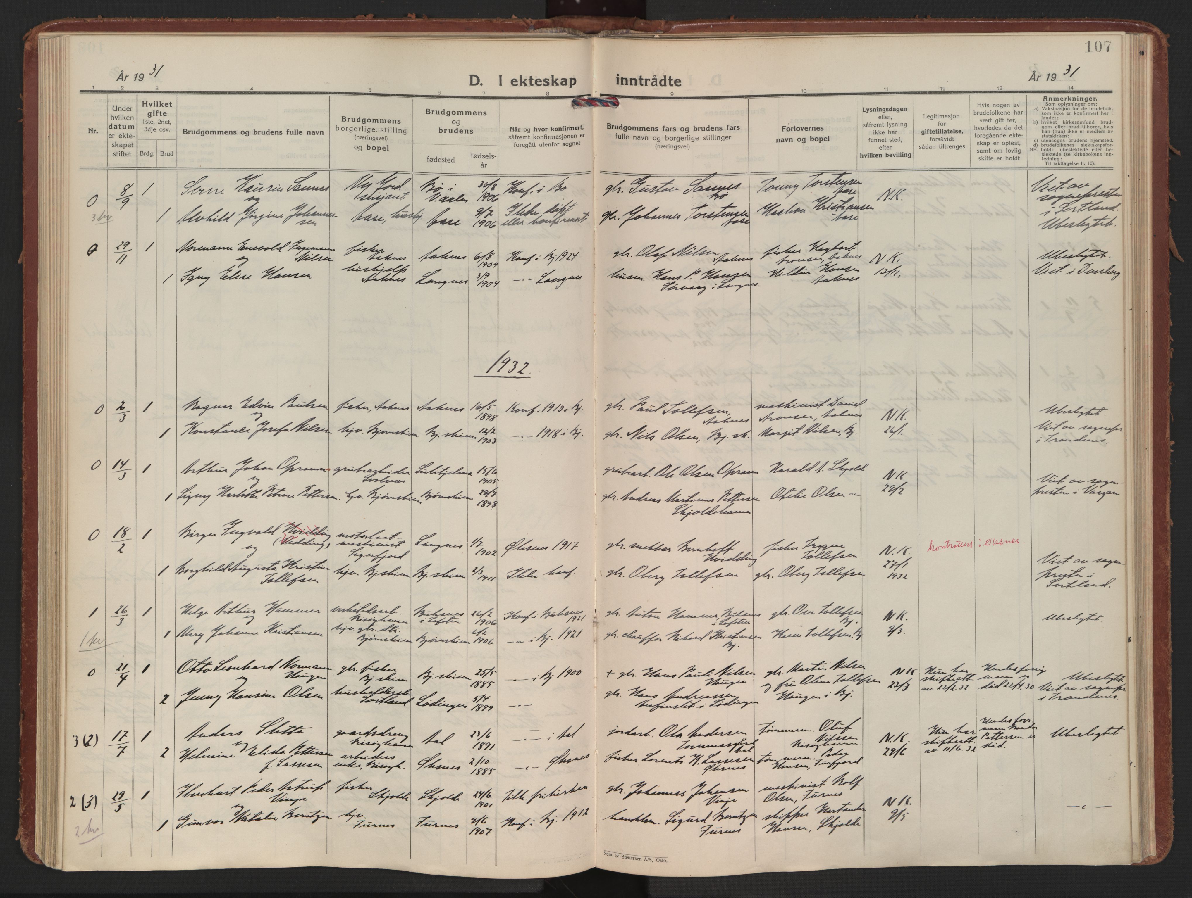 Ministerialprotokoller, klokkerbøker og fødselsregistre - Nordland, SAT/A-1459/898/L1424: Parish register (official) no. 898A04, 1928-1946, p. 107