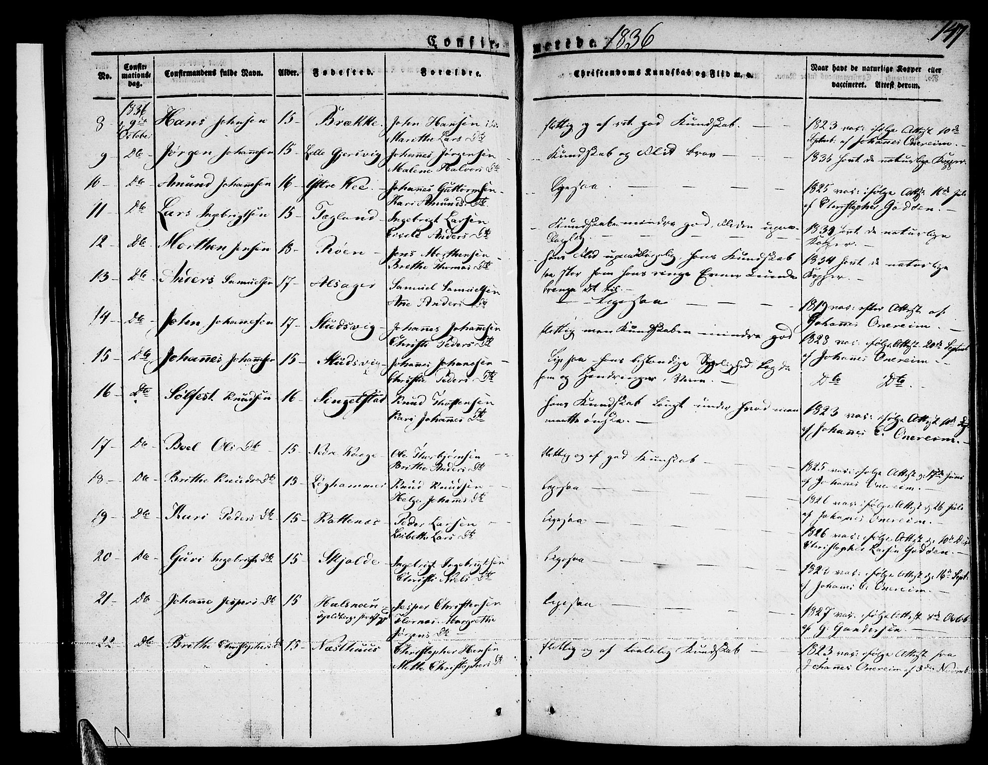 Tysnes sokneprestembete, AV/SAB-A-78601/H/Haa: Parish register (official) no. A 8, 1826-1837, p. 147