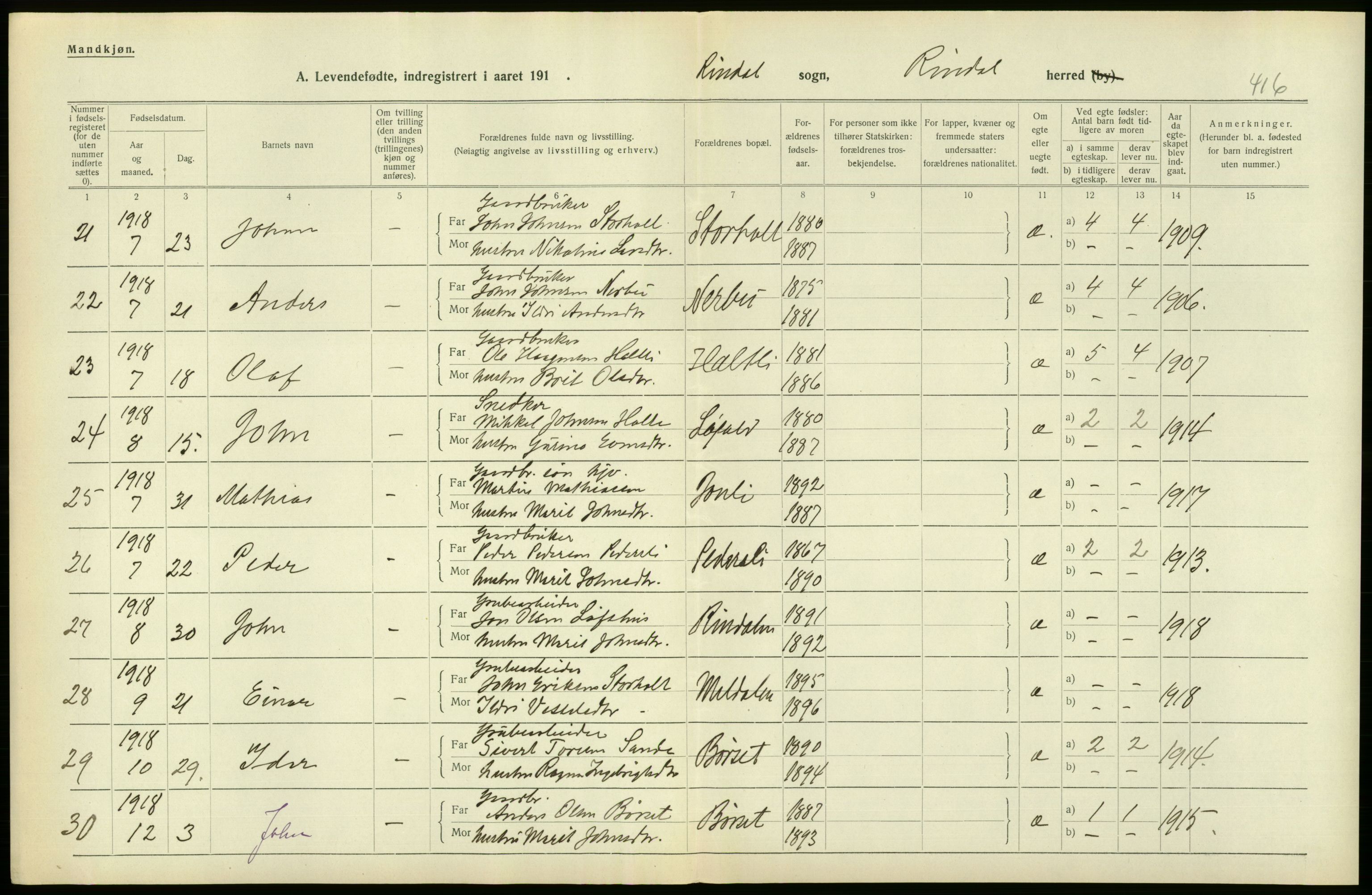 Statistisk sentralbyrå, Sosiodemografiske emner, Befolkning, RA/S-2228/D/Df/Dfb/Dfbh/L0043: Møre fylke: Levendefødte menn og kvinner. Bygder., 1918, p. 532