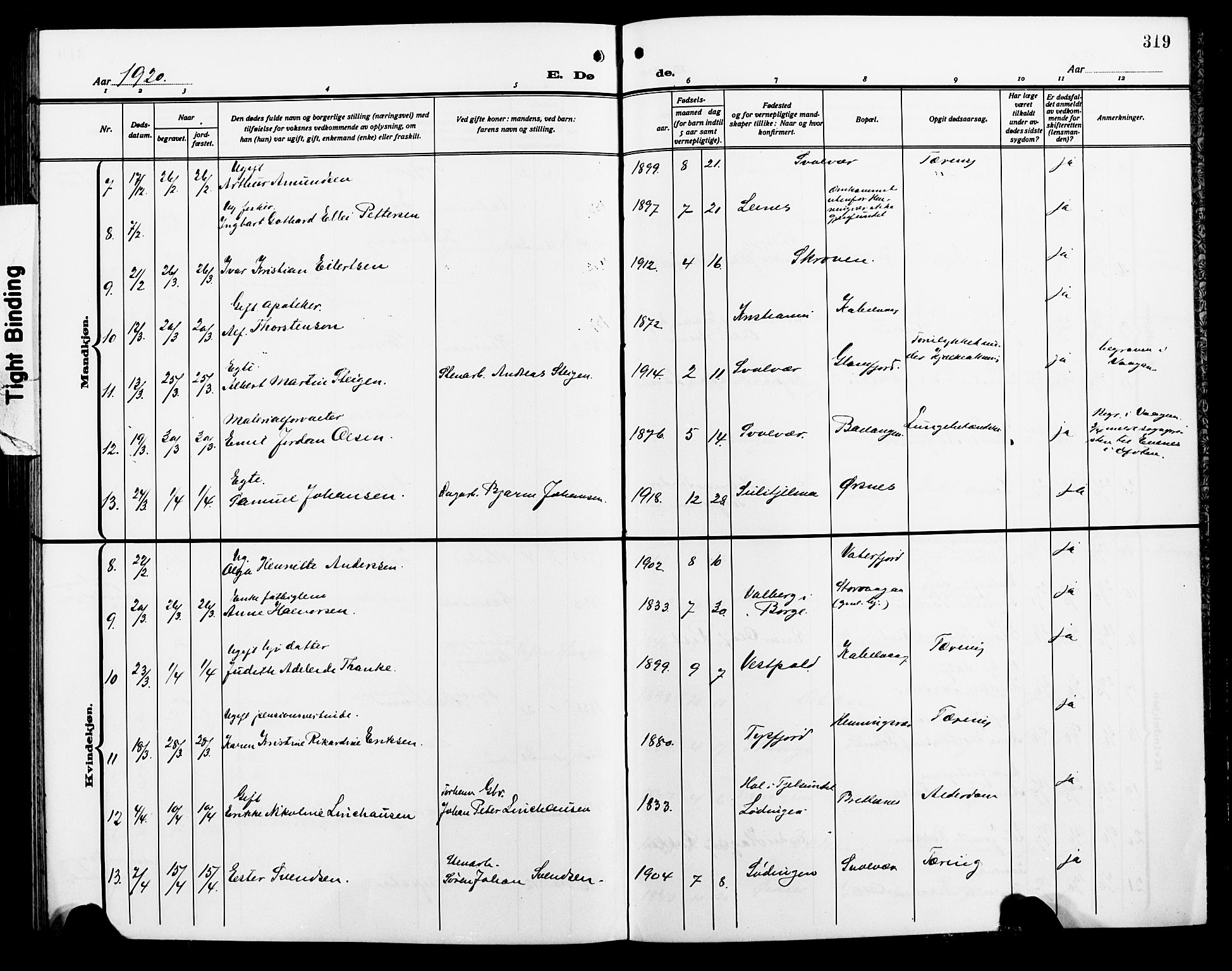 Ministerialprotokoller, klokkerbøker og fødselsregistre - Nordland, AV/SAT-A-1459/874/L1080: Parish register (copy) no. 874C09, 1915-1925, p. 319