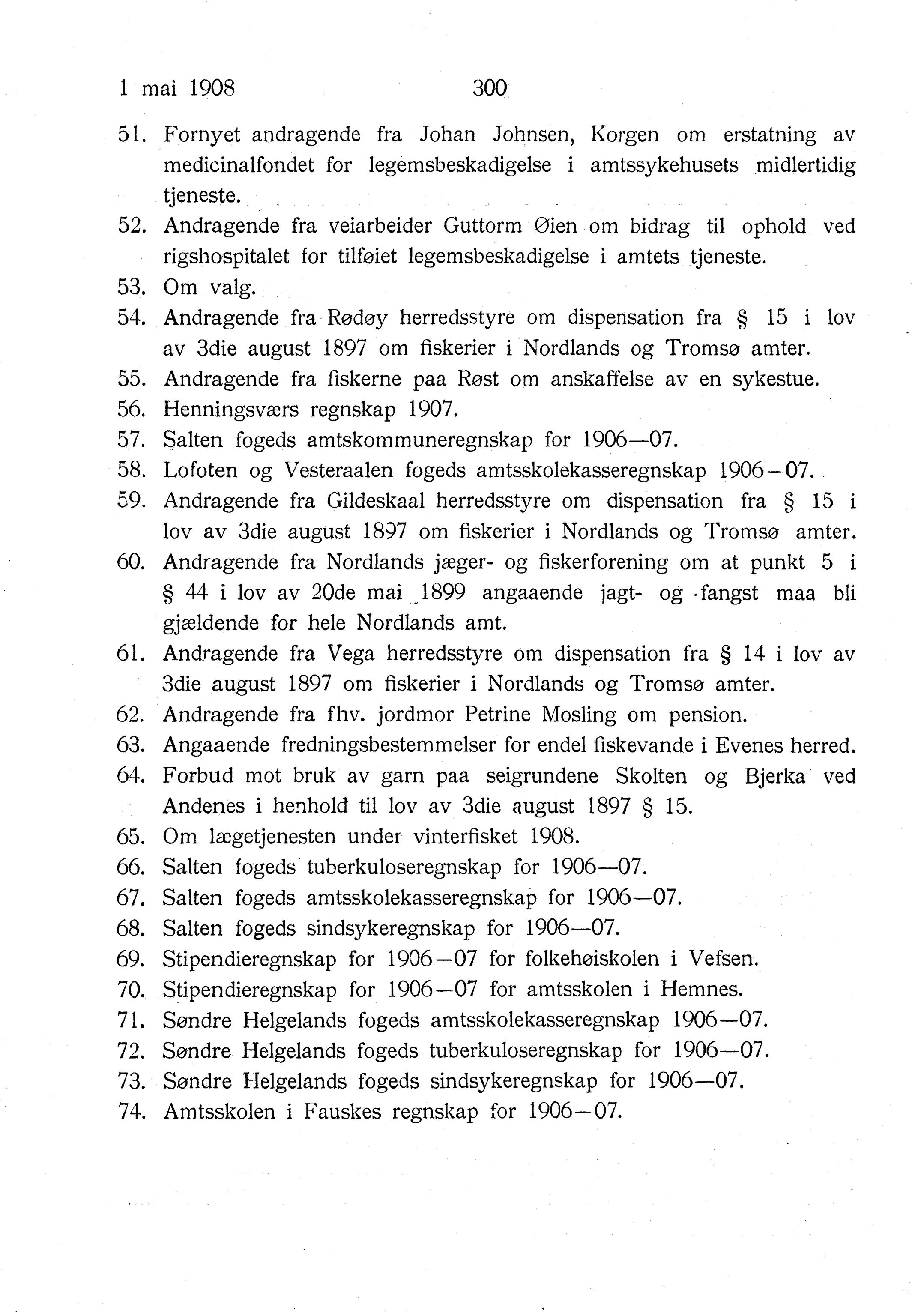 Nordland Fylkeskommune. Fylkestinget, AIN/NFK-17/176/A/Ac/L0031: Fylkestingsforhandlinger 1908, 1908