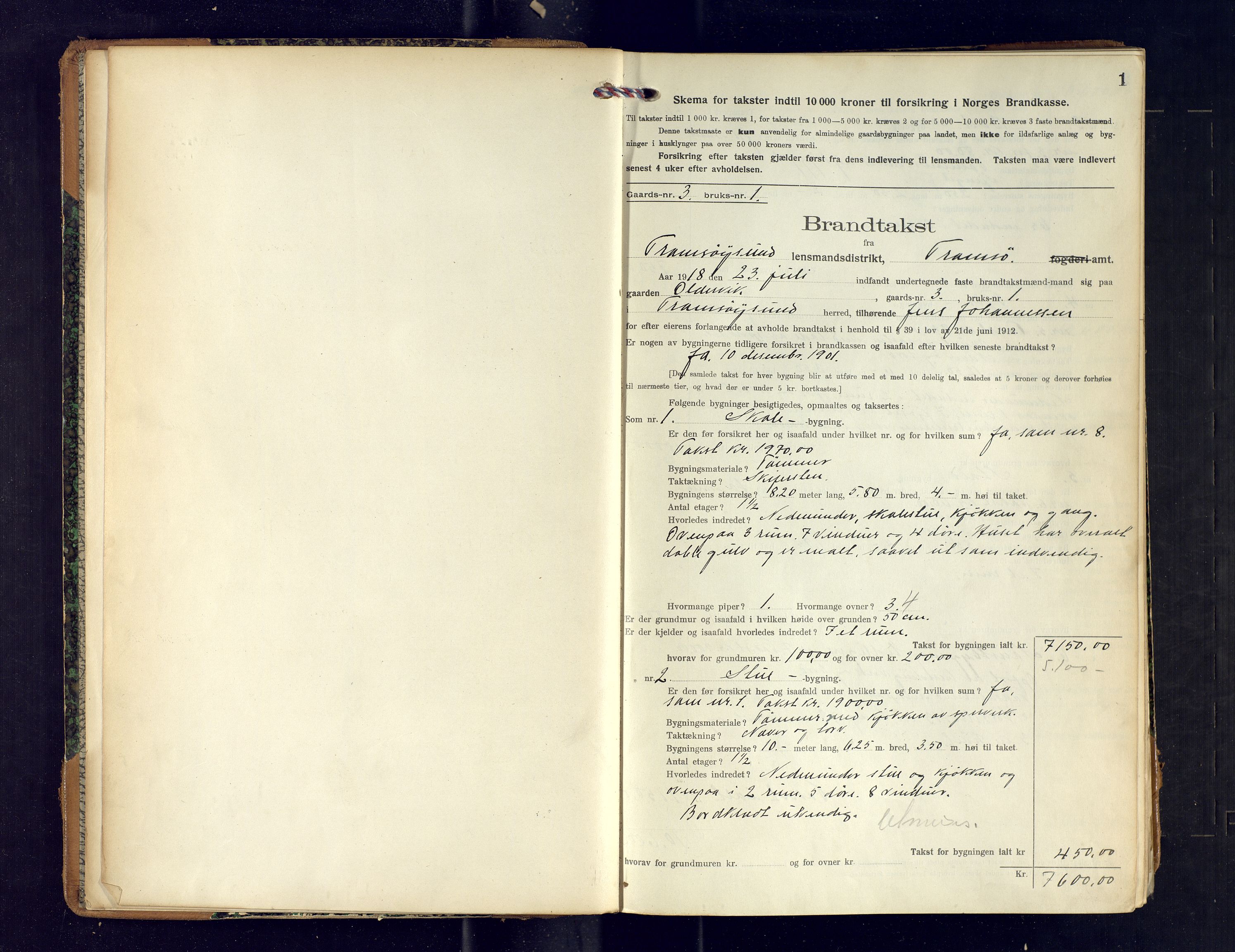 Tromsøysund lensmannskontor, AV/SATØ-SATØ-12/F/Fs/Fsb/L0744: Branntakstprotokoll (S). Med register, 1918-1921, p. 1