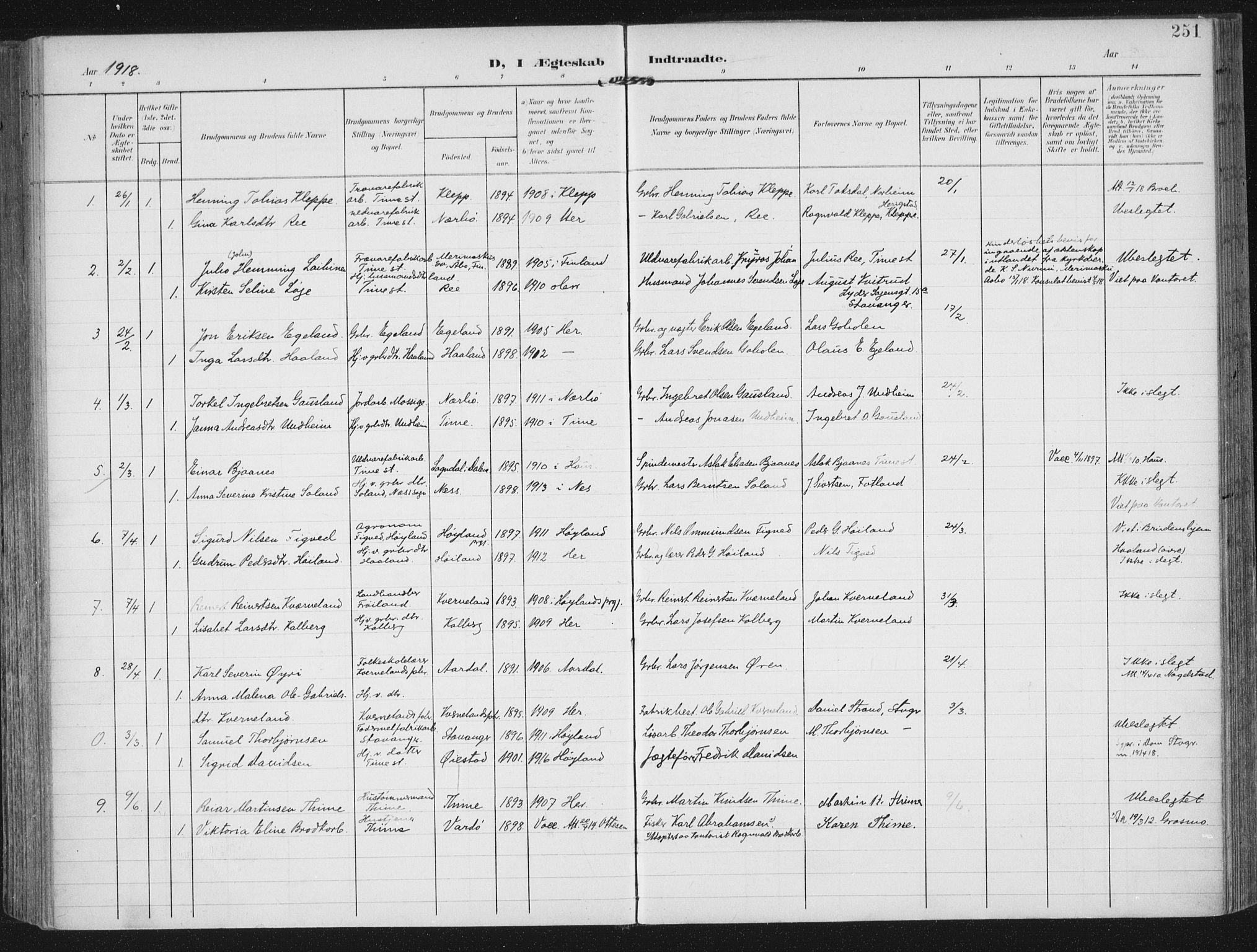 Lye sokneprestkontor, SAST/A-101794/002/A/L0001: Parish register (official) no. A 12, 1904-1920, p. 251