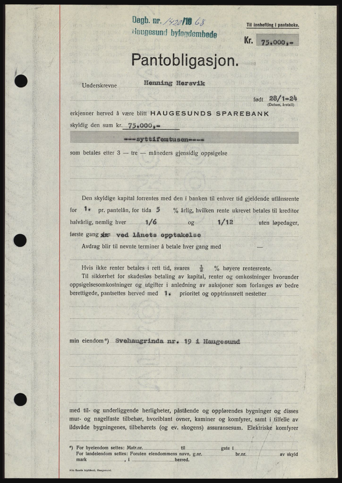 Haugesund tingrett, SAST/A-101415/01/II/IIC/L0058: Mortgage book no. B 58, 1967-1968, Diary no: : 1420/1968