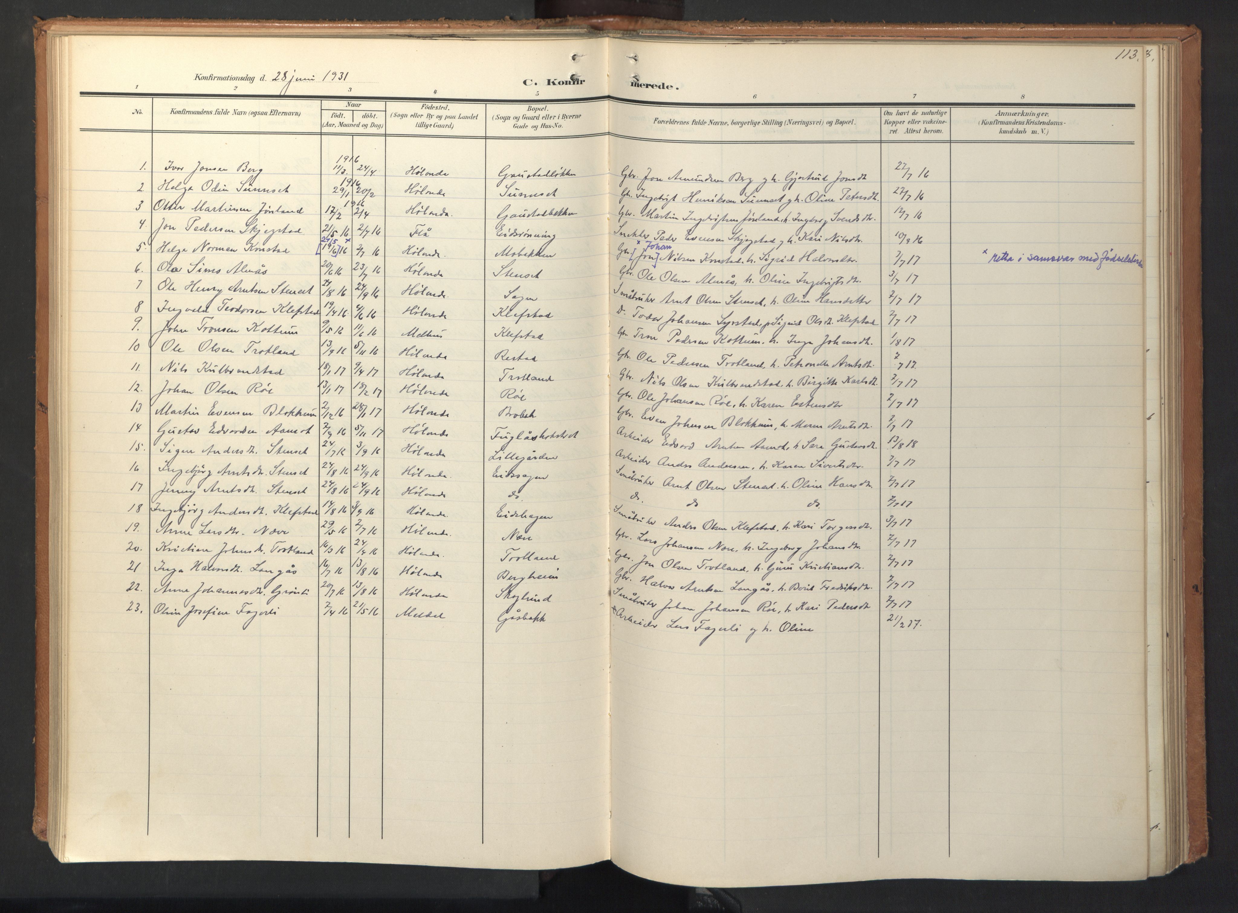 Ministerialprotokoller, klokkerbøker og fødselsregistre - Sør-Trøndelag, SAT/A-1456/694/L1128: Parish register (official) no. 694A02, 1906-1931, p. 113