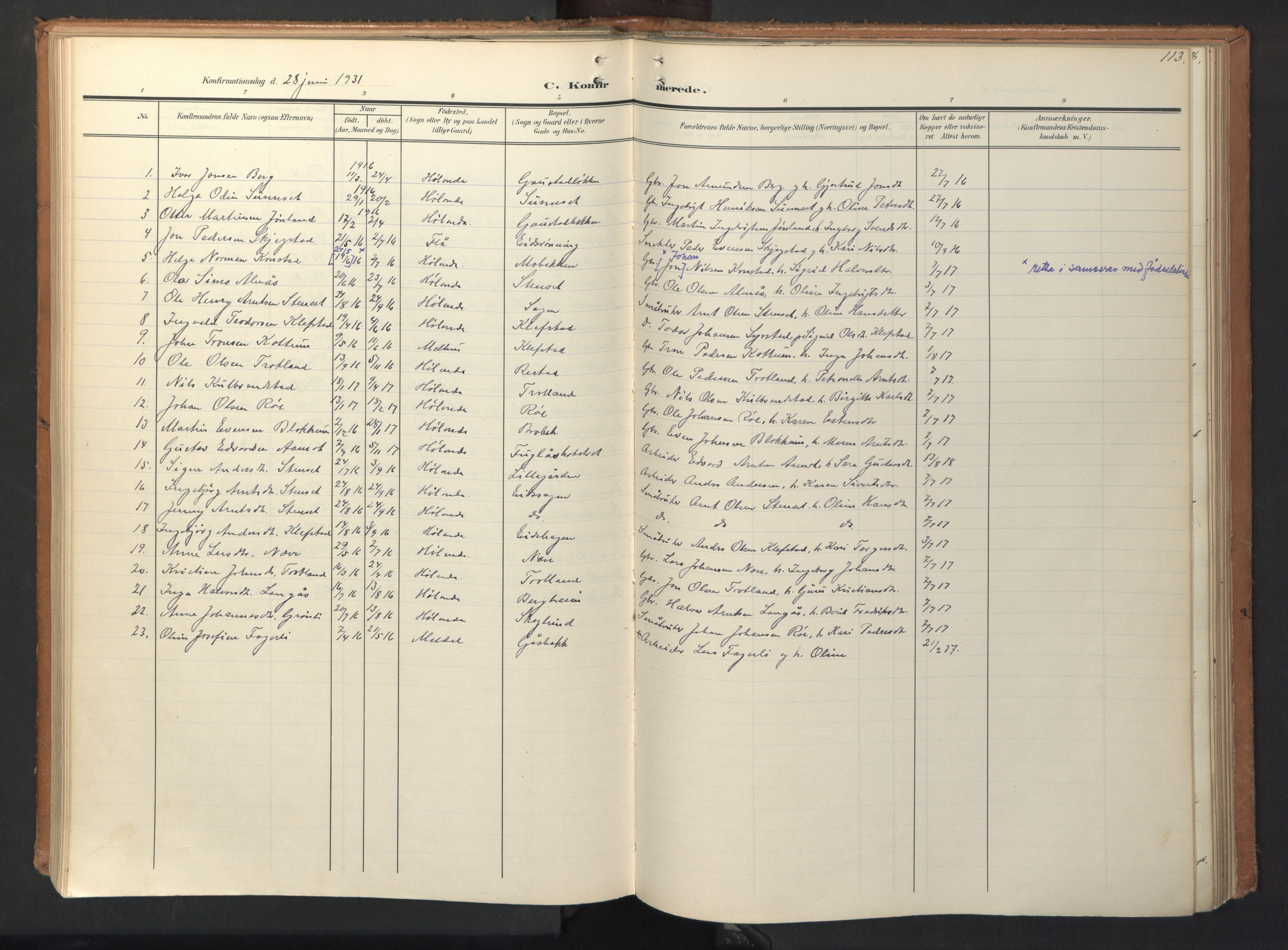 Ministerialprotokoller, klokkerbøker og fødselsregistre - Sør-Trøndelag, AV/SAT-A-1456/694/L1128: Parish register (official) no. 694A02, 1906-1931, p. 113