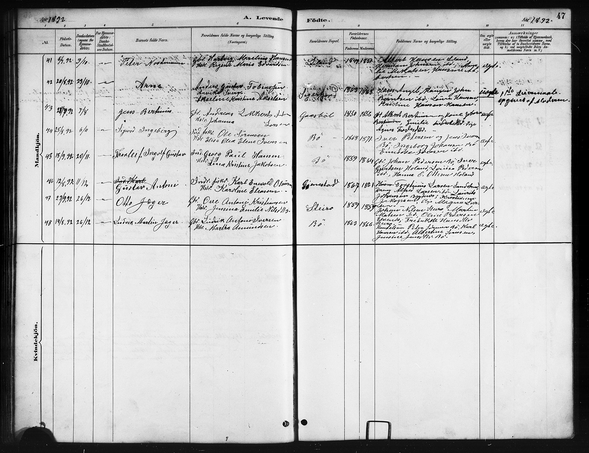 Ministerialprotokoller, klokkerbøker og fødselsregistre - Nordland, AV/SAT-A-1459/895/L1382: Parish register (copy) no. 895C04, 1885-1896, p. 47