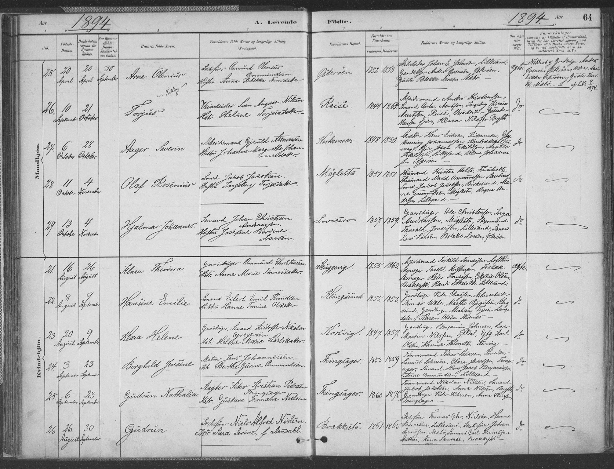 Vestre Moland sokneprestkontor, AV/SAK-1111-0046/F/Fa/Fab/L0009: Parish register (official) no. A 9, 1884-1899, p. 64