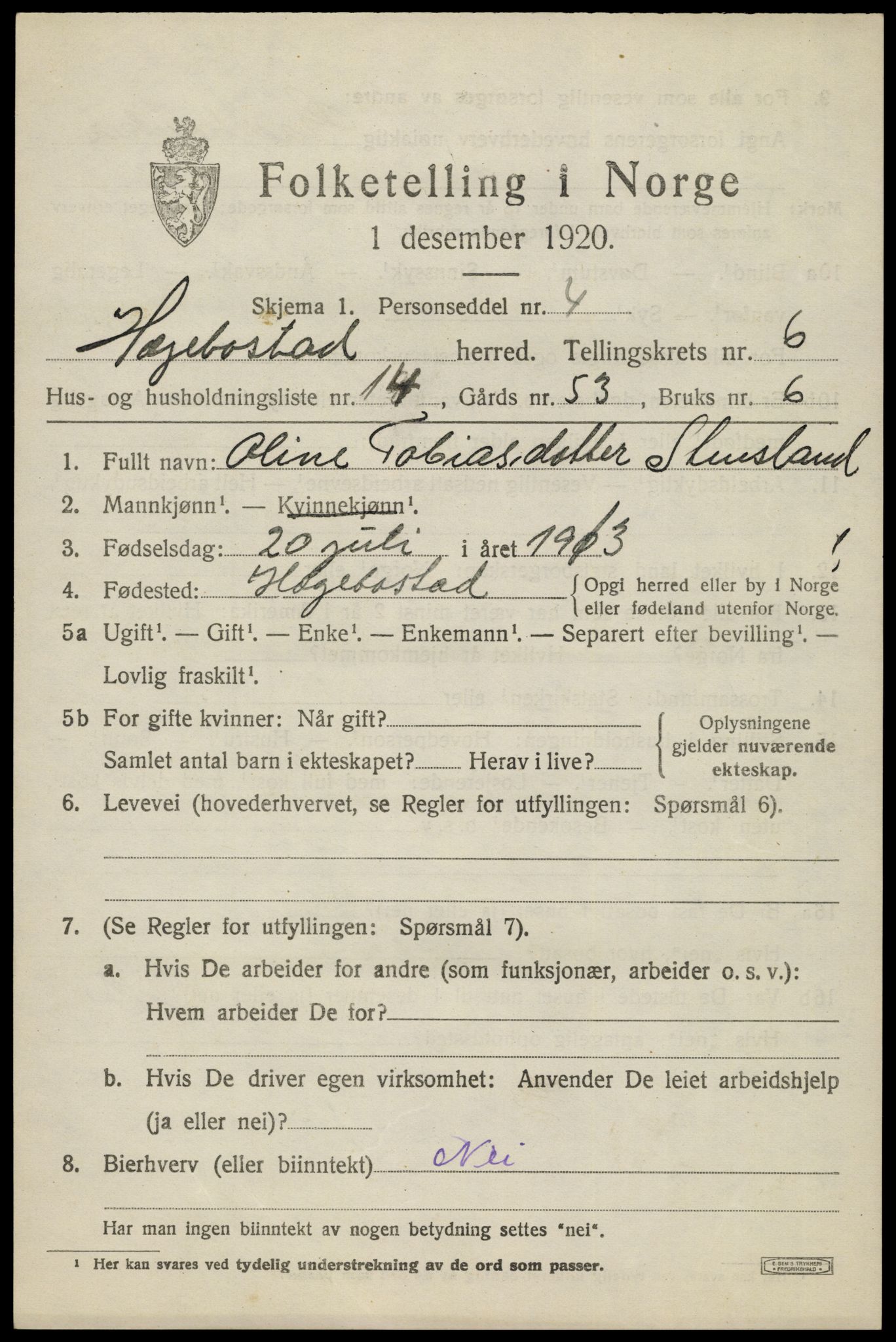 SAK, 1920 census for Hægebostad, 1920, p. 2105