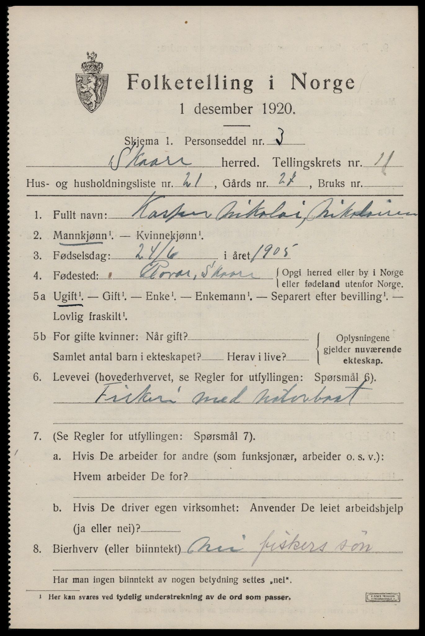 SAST, 1920 census for Skåre, 1920, p. 8468