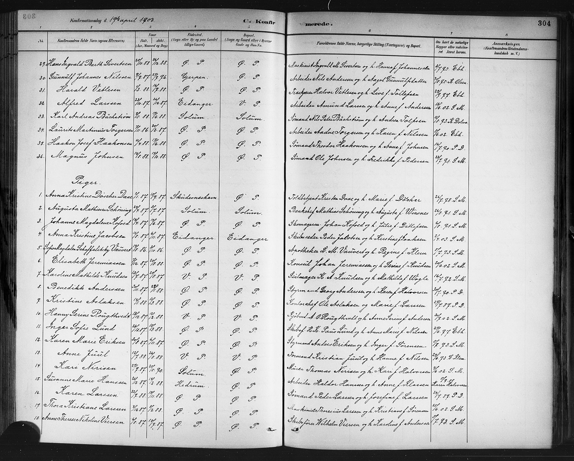 Porsgrunn kirkebøker , SAKO/A-104/G/Gb/L0005: Parish register (copy) no. II 5, 1883-1915, p. 304