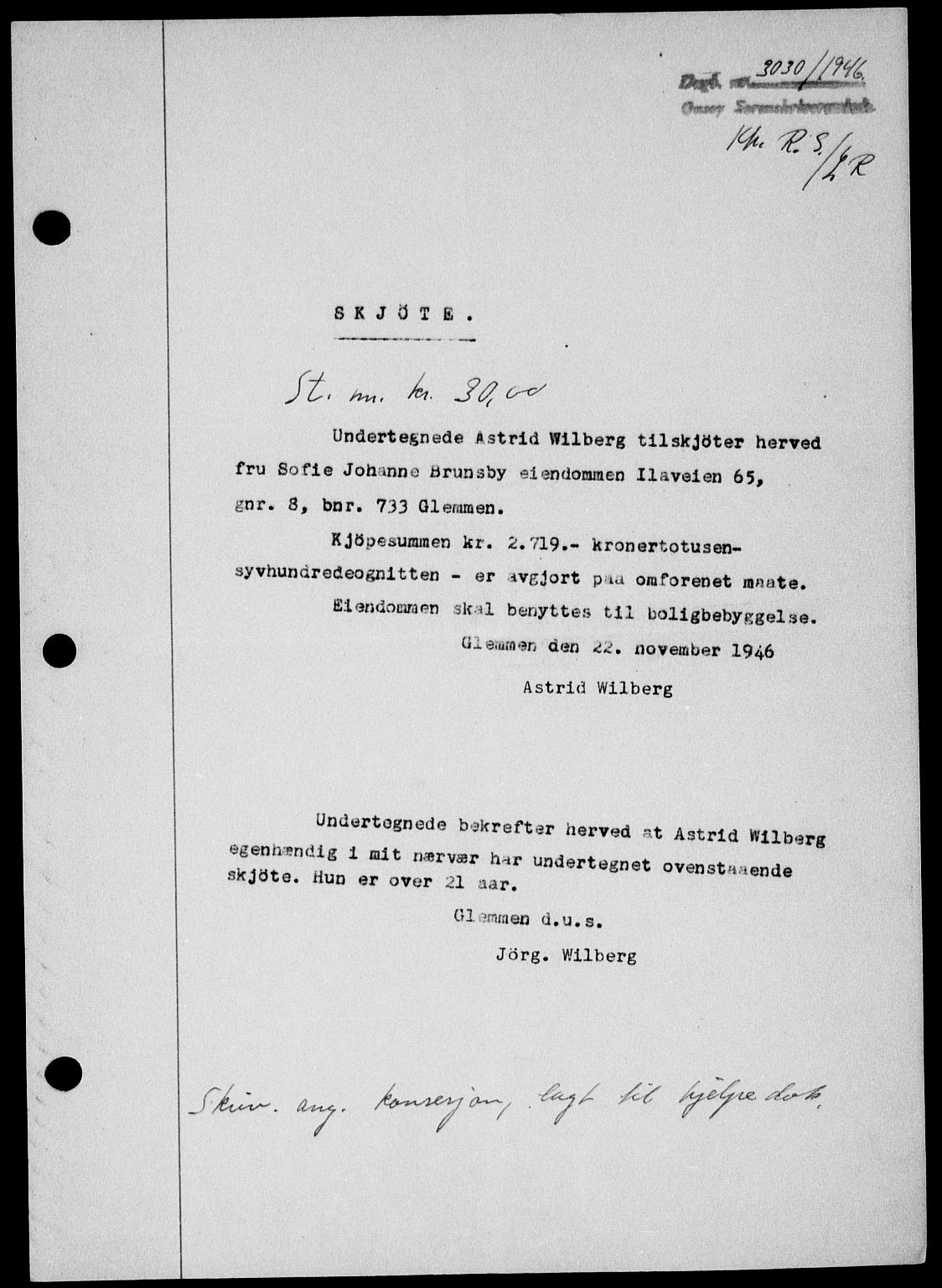 Onsøy sorenskriveri, SAO/A-10474/G/Ga/Gab/L0018: Mortgage book no. II A-18, 1946-1947, Diary no: : 3030/1946