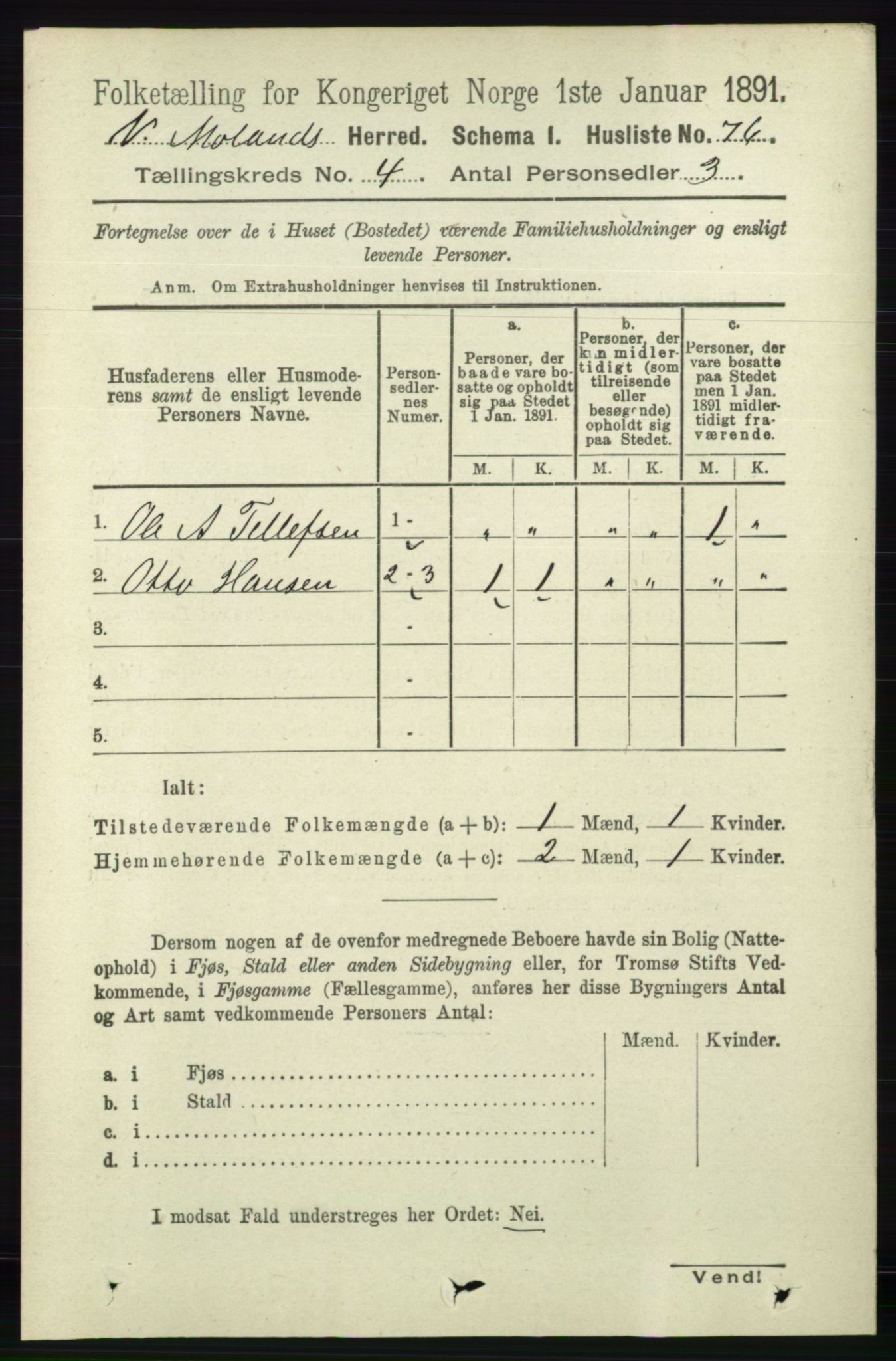 RA, 1891 census for 0926 Vestre Moland, 1891, p. 1219