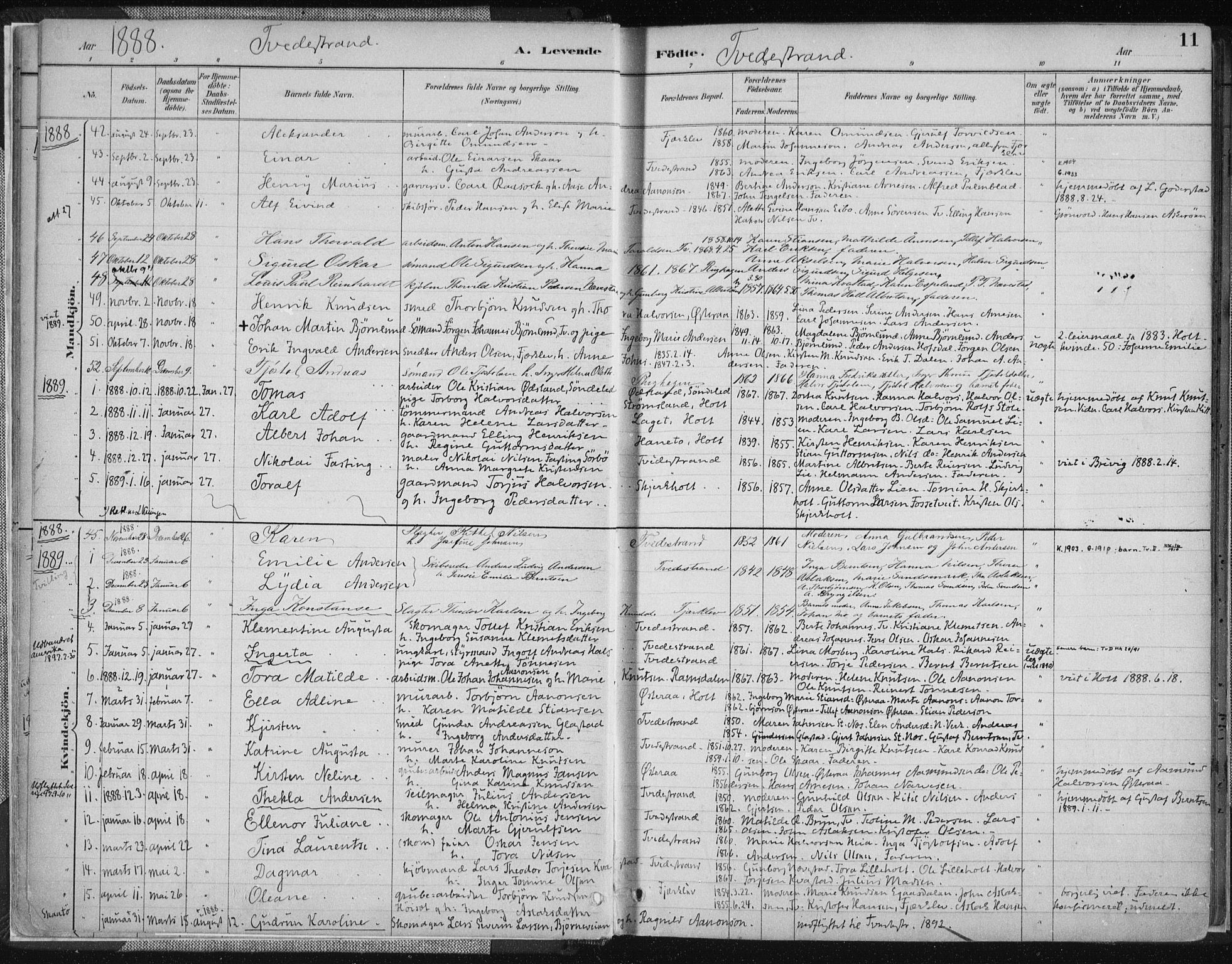Tvedestrand sokneprestkontor, SAK/1111-0042/F/Fa/L0001: Parish register (official) no. A 1, 1885-1916, p. 11