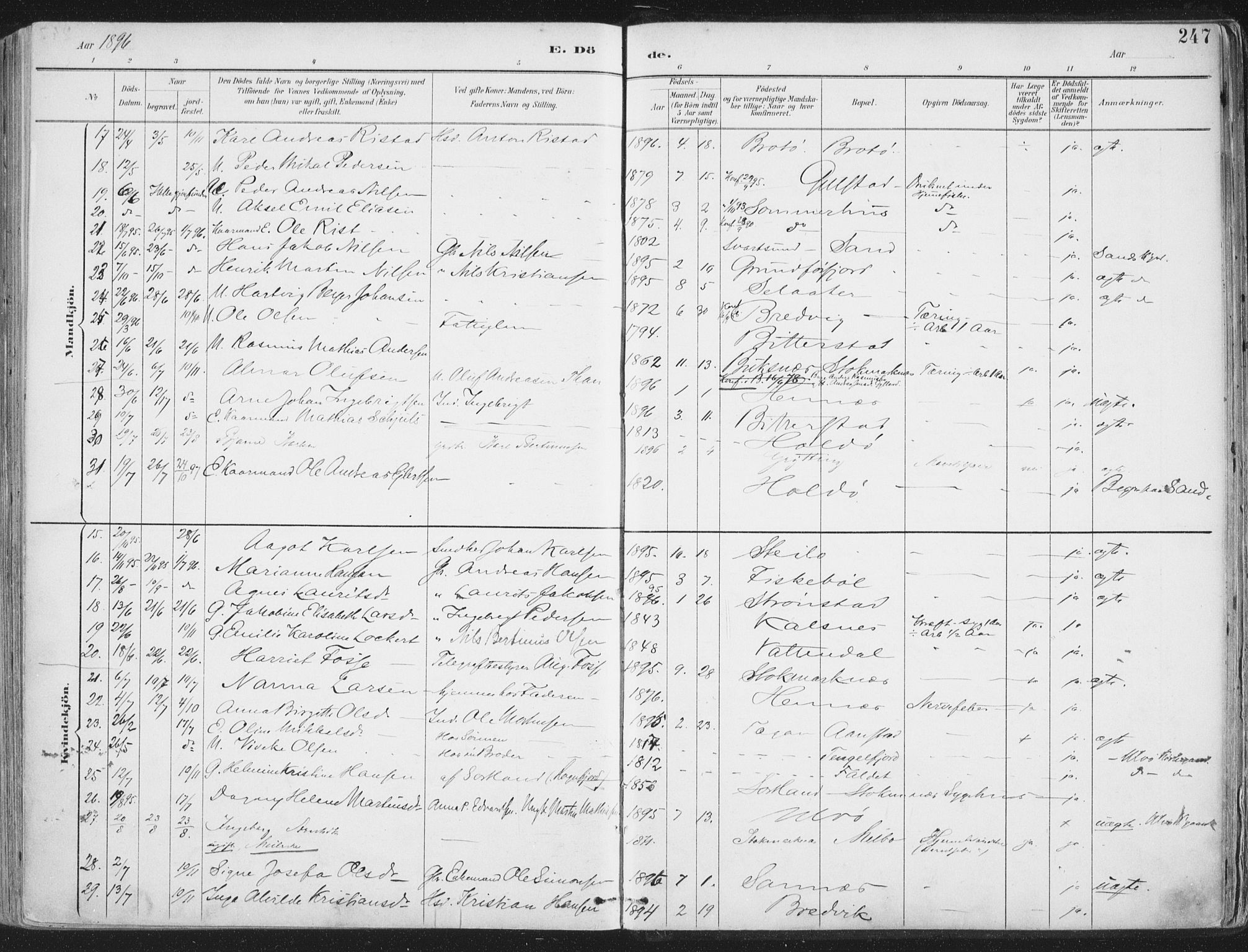 Ministerialprotokoller, klokkerbøker og fødselsregistre - Nordland, AV/SAT-A-1459/888/L1246: Parish register (official) no. 888A12, 1891-1903, p. 247