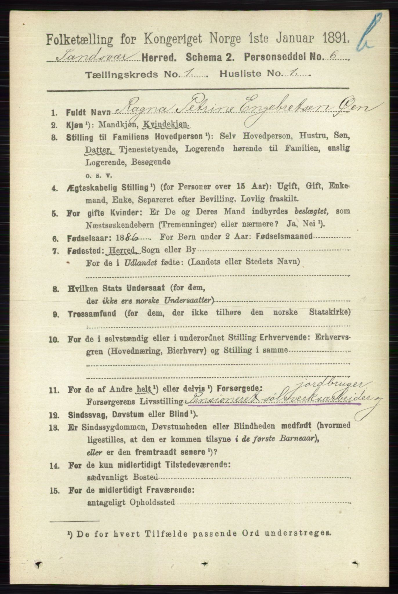 RA, 1891 census for 0629 Sandsvær, 1891, p. 5556