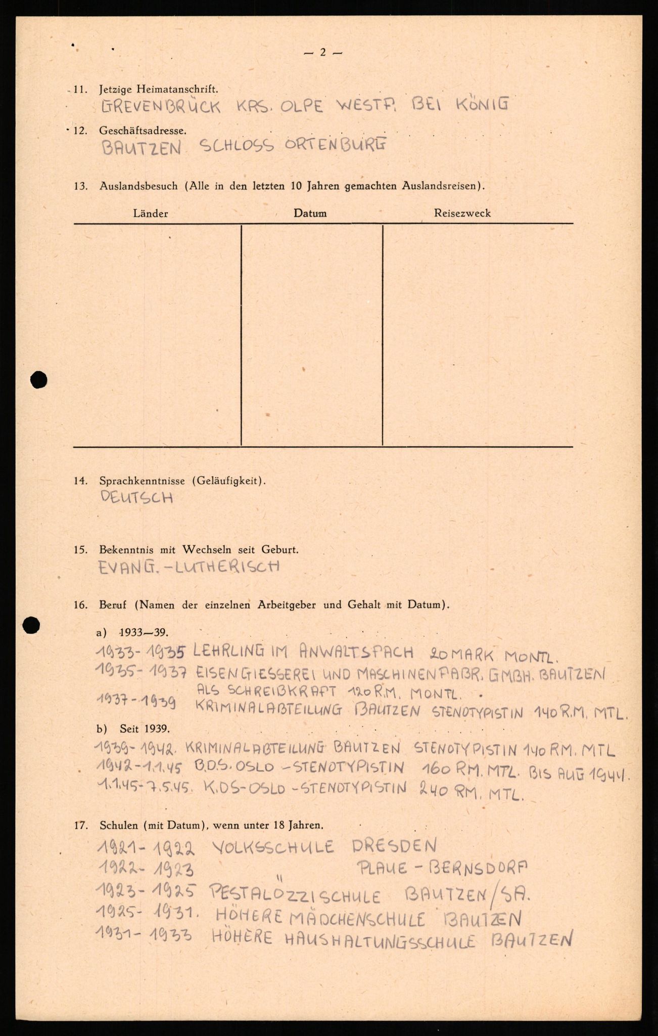 Forsvaret, Forsvarets overkommando II, RA/RAFA-3915/D/Db/L0022: CI Questionaires. Tyske okkupasjonsstyrker i Norge. Tyskere., 1945-1946, p. 148