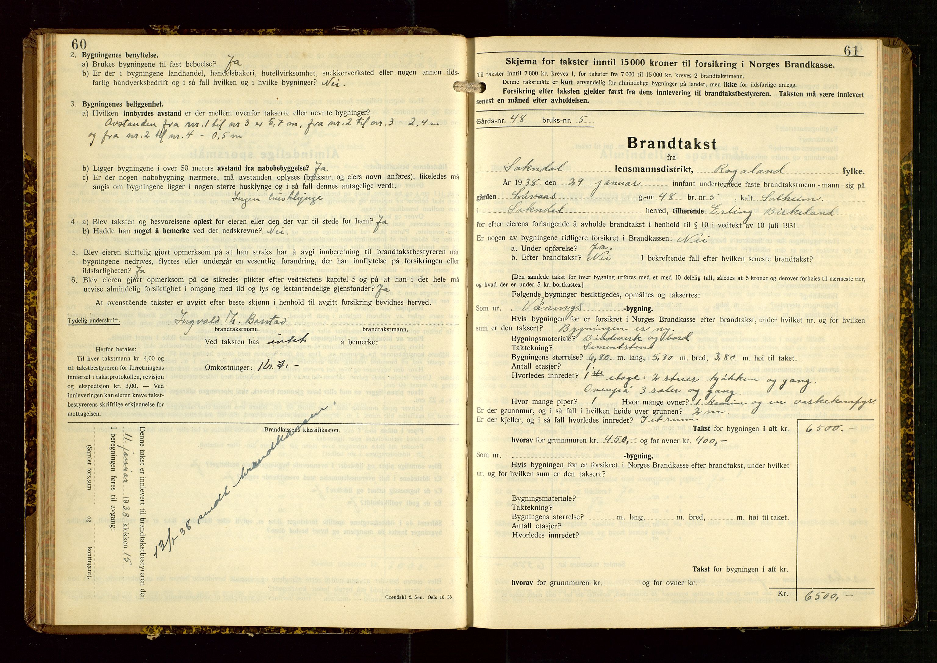 Sokndal lensmannskontor, AV/SAST-A-100417/Gob/L0008: "Brandtakst-Protokoll", 1937-1955, p. 60-61