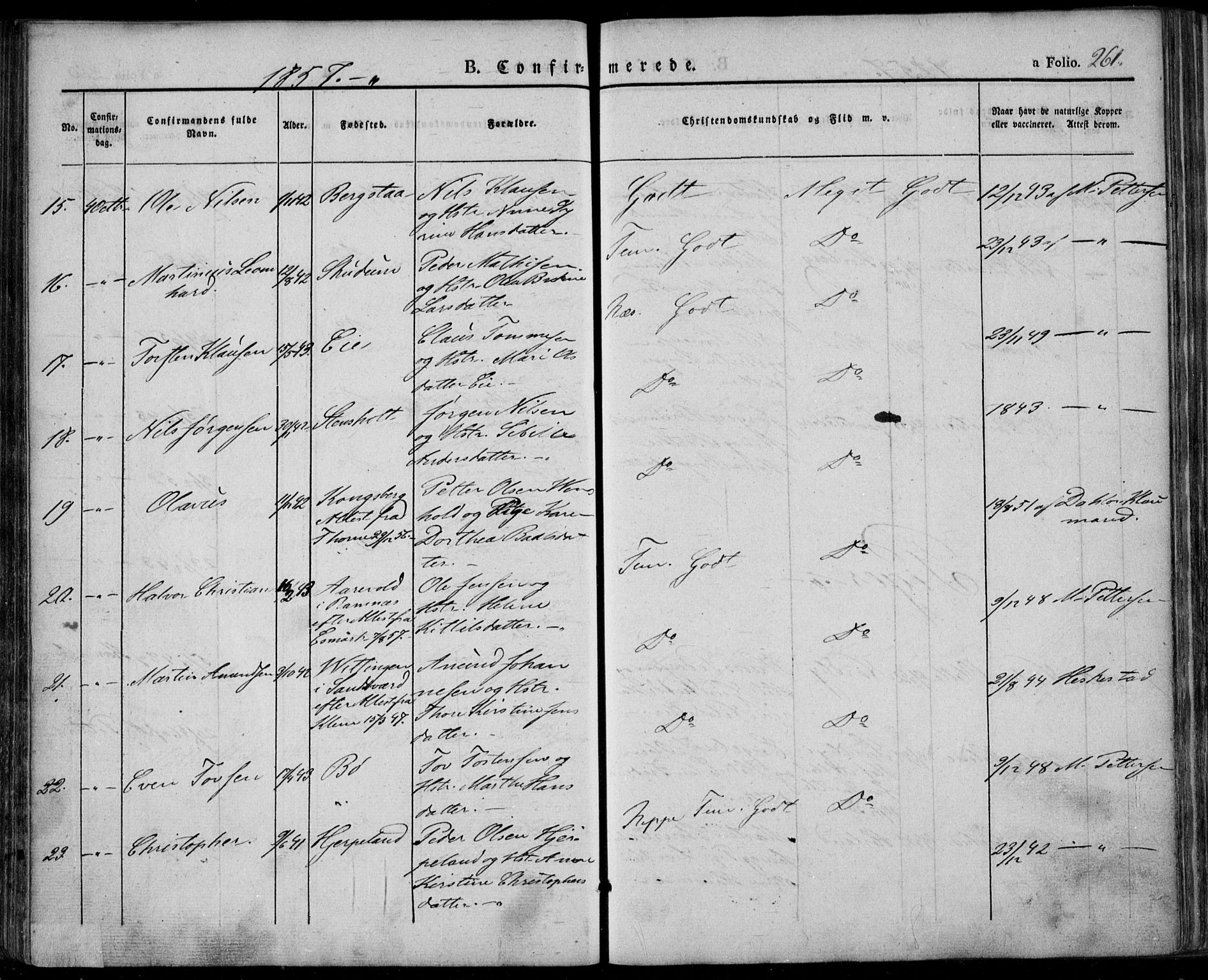 Lardal kirkebøker, SAKO/A-350/F/Fa/L0006: Parish register (official) no. I 6, 1835-1860, p. 261