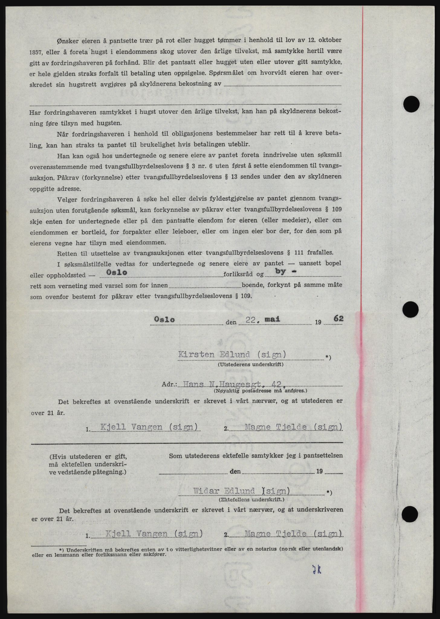 Hadeland og Land tingrett, AV/SAH-TING-010/H/Hb/Hbc/L0048: Mortgage book no. B48, 1962-1962, Diary no: : 1828/1962