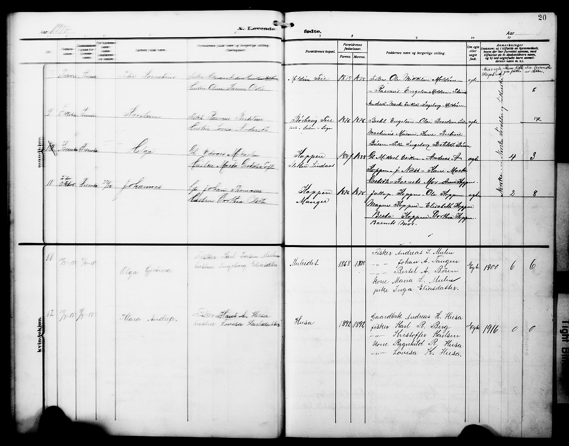 Lindås Sokneprestembete, AV/SAB-A-76701/H/Hab/Habd/L0004: Parish register (copy) no. D 4, 1913-1928, p. 20