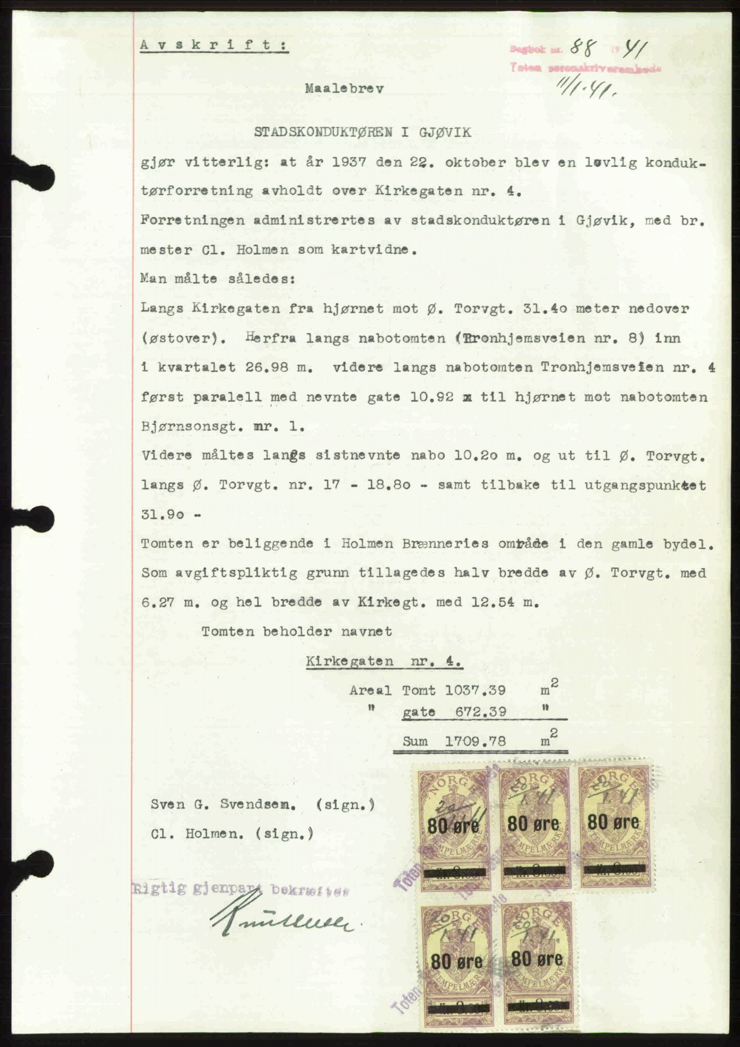 Toten tingrett, SAH/TING-006/H/Hb/Hbc/L0008: Mortgage book no. Hbc-08, 1941-1941, Diary no: : 88/1941