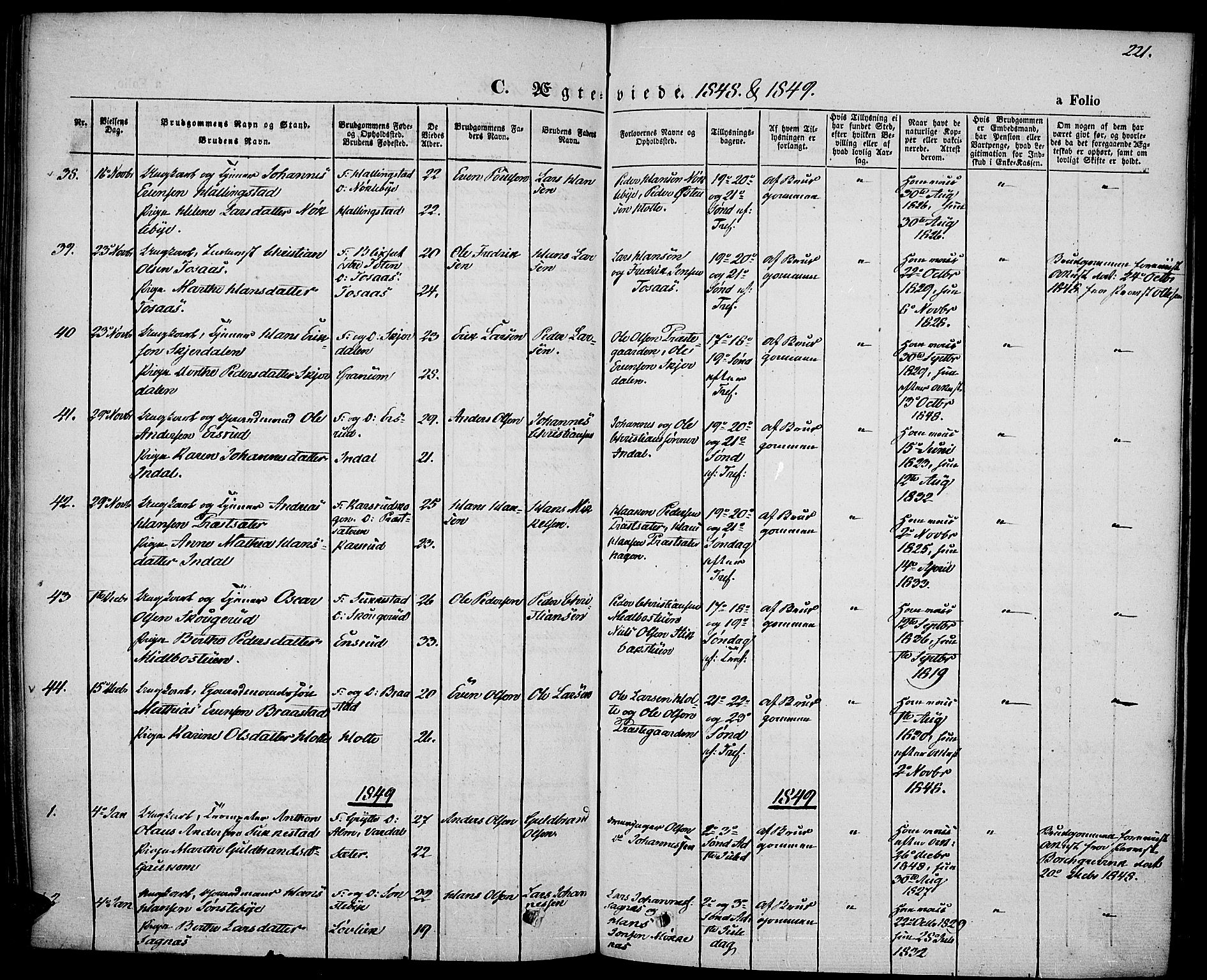 Vestre Toten prestekontor, SAH/PREST-108/H/Ha/Haa/L0004: Parish register (official) no. 4, 1844-1849, p. 221