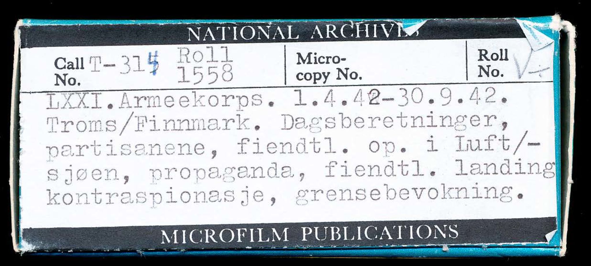 Mikrofilmer (kopier). Captured German Records, VAMU/A-0050/0029 / T-314, rull 1558. Innholdsfortegnelse, 1965