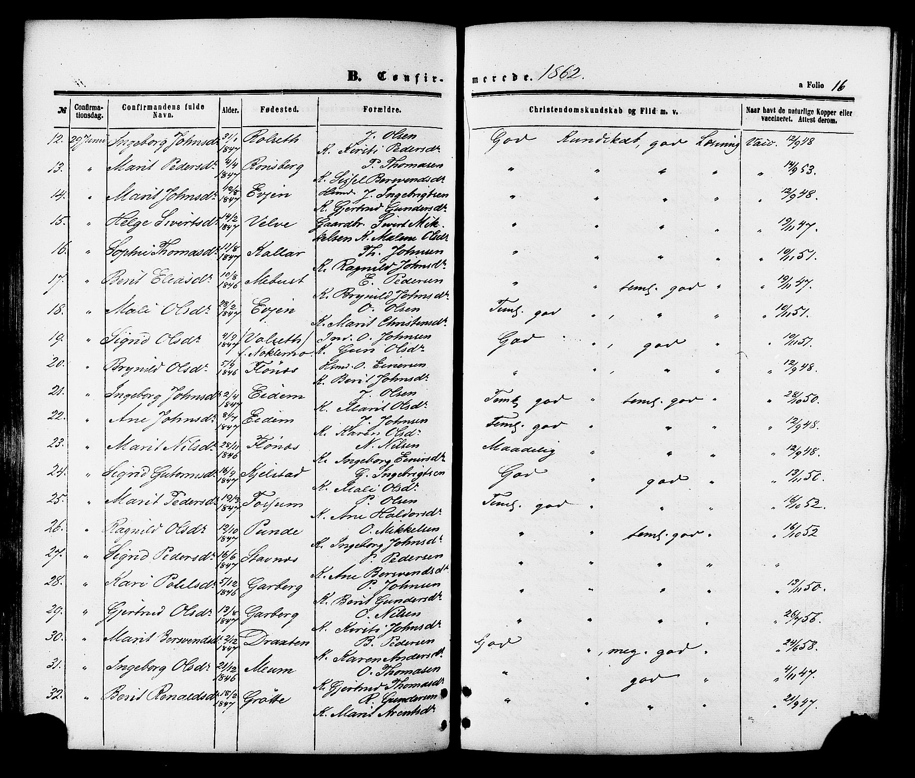 Ministerialprotokoller, klokkerbøker og fødselsregistre - Sør-Trøndelag, AV/SAT-A-1456/695/L1147: Parish register (official) no. 695A07, 1860-1877, p. 16