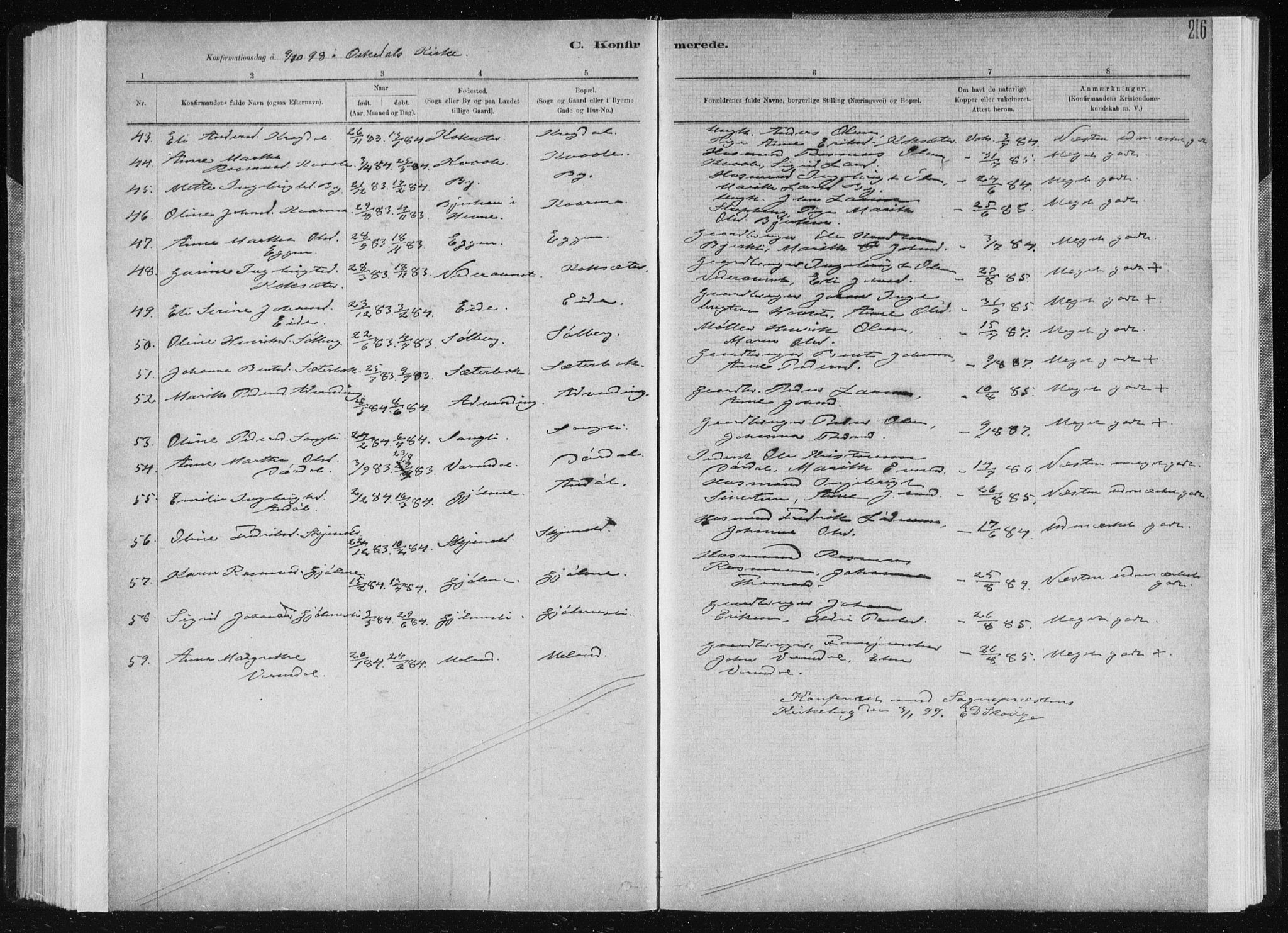 Ministerialprotokoller, klokkerbøker og fødselsregistre - Sør-Trøndelag, AV/SAT-A-1456/668/L0818: Parish register (copy) no. 668C07, 1885-1898, p. 216