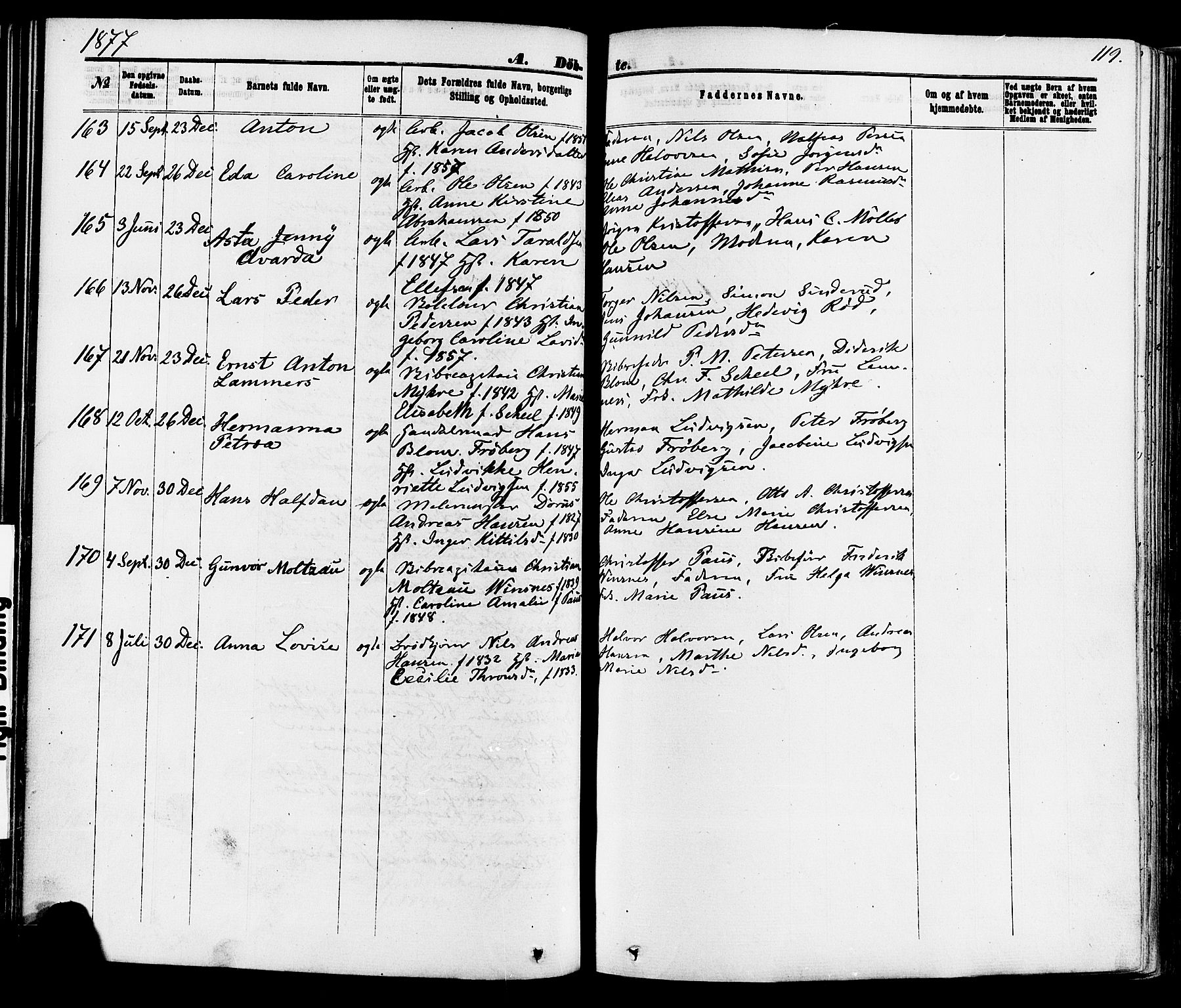Skien kirkebøker, SAKO/A-302/F/Fa/L0008: Parish register (official) no. 8, 1866-1877, p. 119
