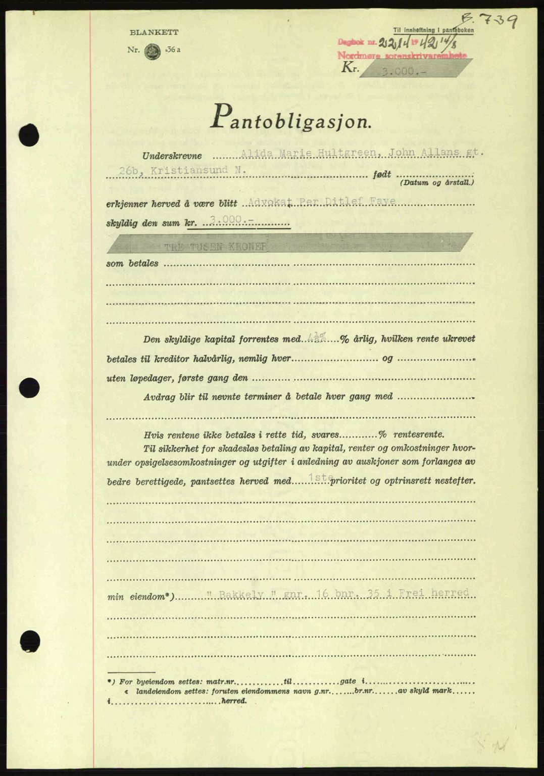 Nordmøre sorenskriveri, AV/SAT-A-4132/1/2/2Ca: Mortgage book no. B89, 1942-1942, Diary no: : 2214/1942