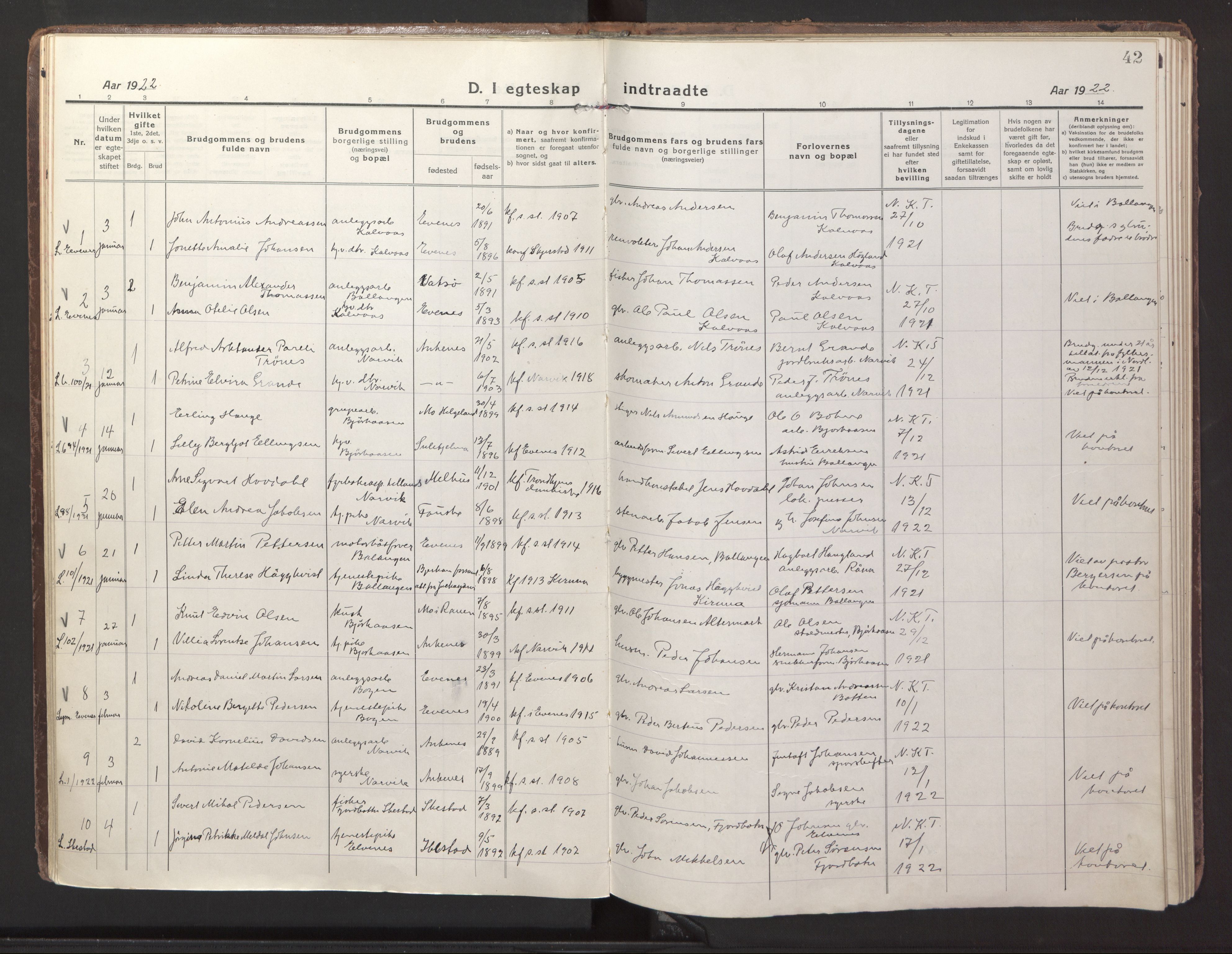 Ministerialprotokoller, klokkerbøker og fødselsregistre - Nordland, AV/SAT-A-1459/871/L1002: Parish register (official) no. 871A18, 1917-1926, p. 42