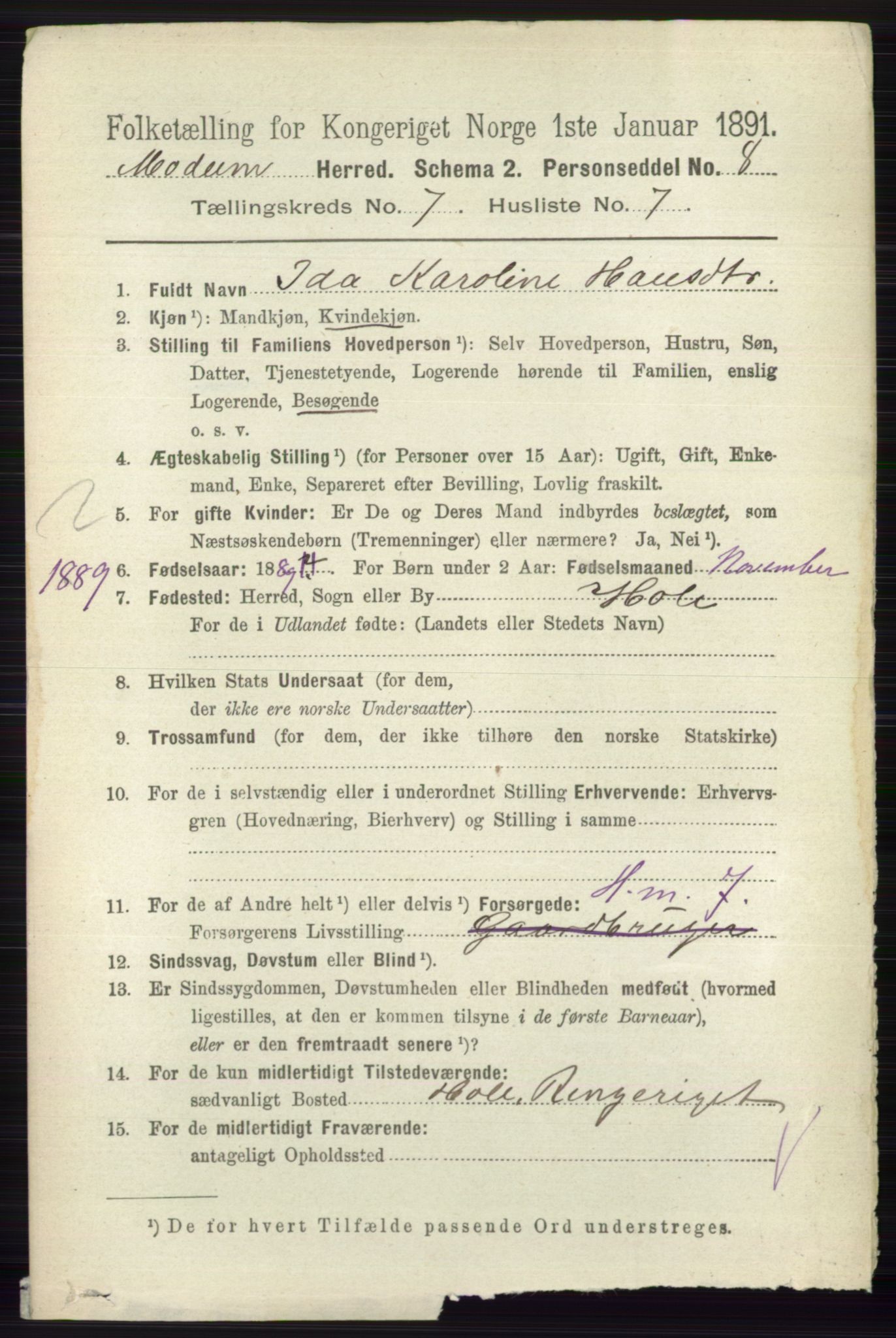 RA, 1891 census for 0623 Modum, 1891, p. 2780