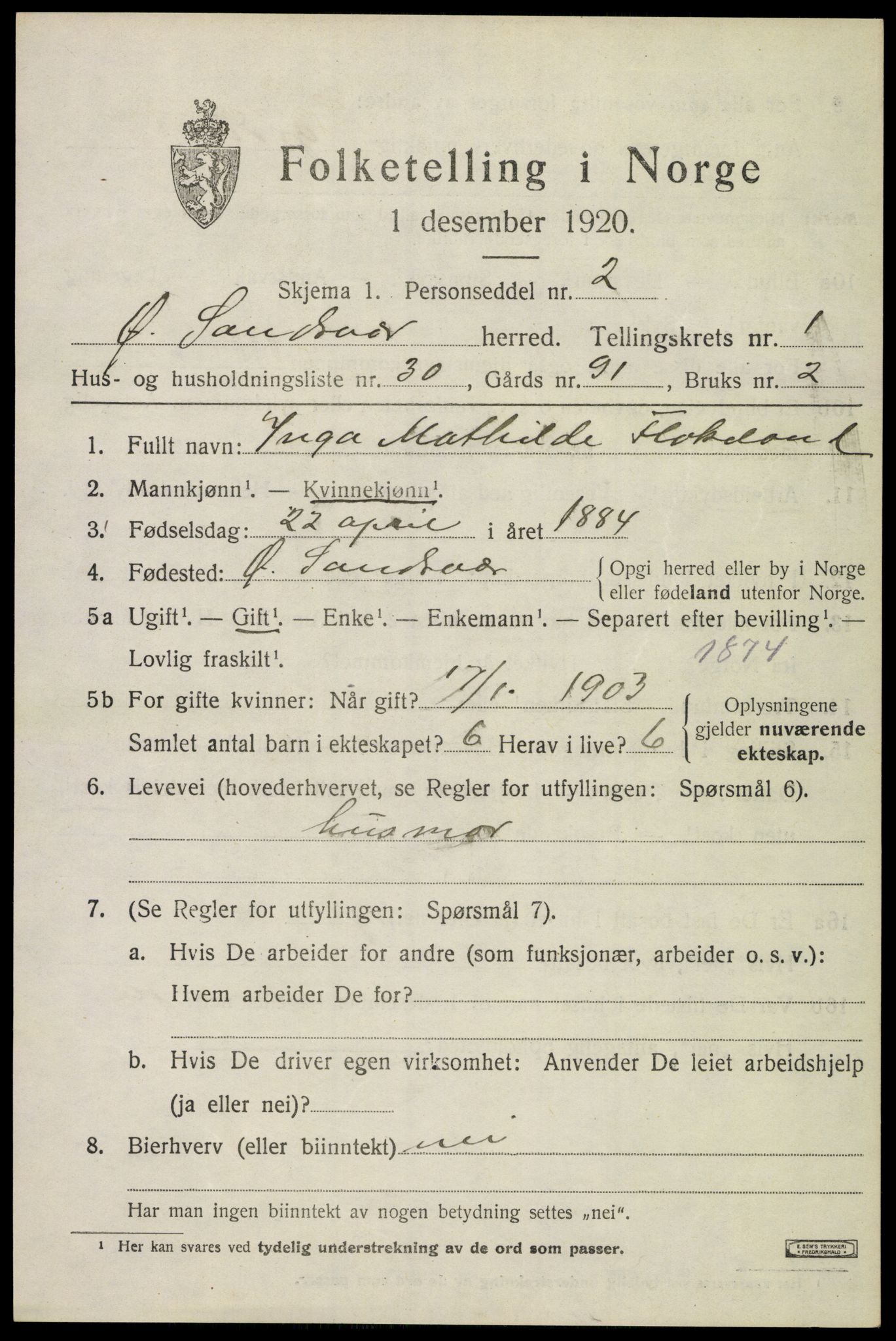 SAKO, 1920 census for Øvre Sandsvær, 1920, p. 1292