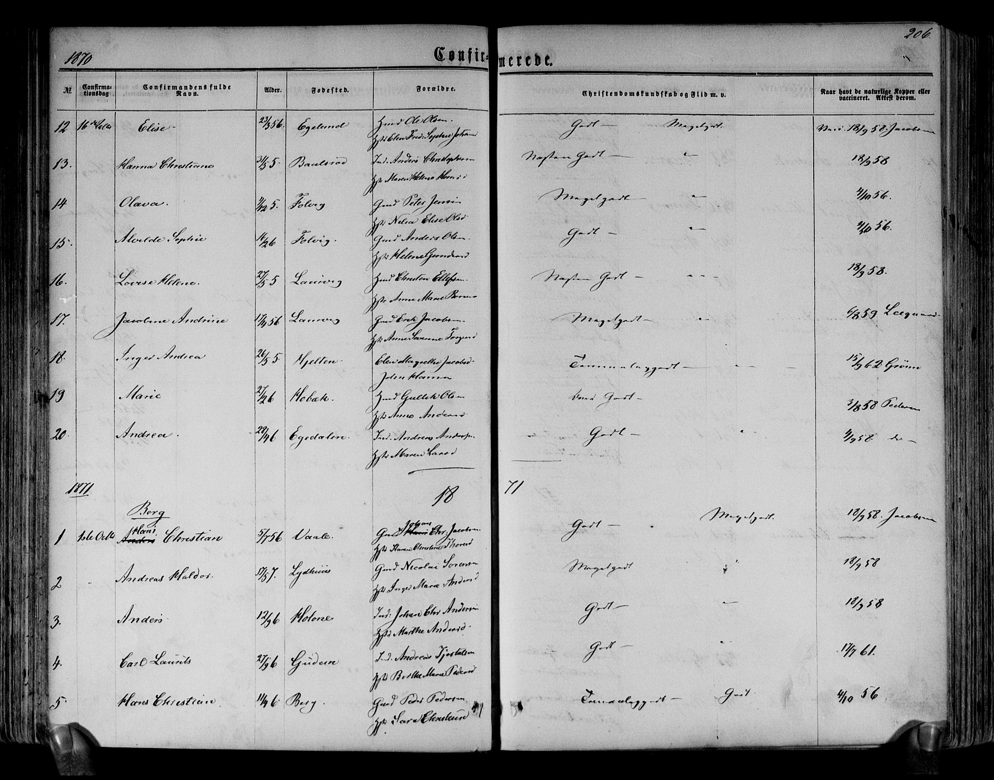 Brunlanes kirkebøker, AV/SAKO-A-342/F/Fa/L0005: Parish register (official) no. I 5, 1862-1877, p. 206