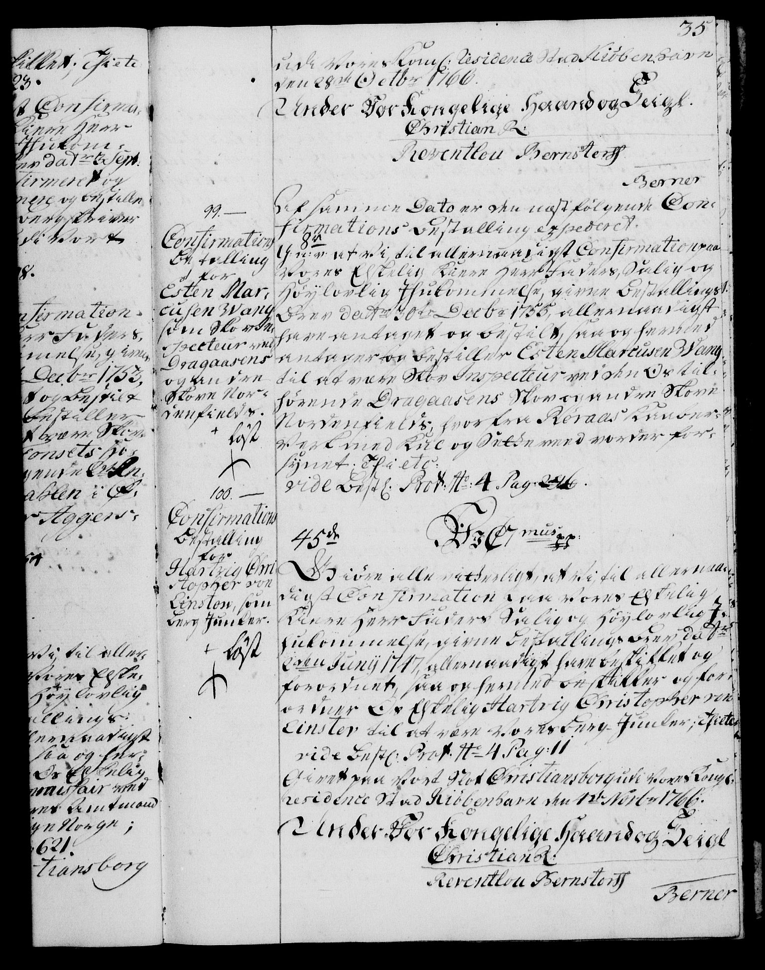Rentekammeret, Kammerkanselliet, RA/EA-3111/G/Gg/Ggg/L0003: Norsk konfirmasjonsbestallingsprotokoll med register (merket RK 53.33), 1766-1772, p. 35