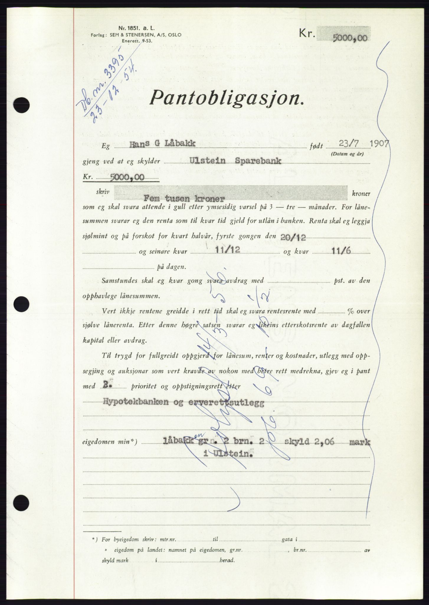 Søre Sunnmøre sorenskriveri, AV/SAT-A-4122/1/2/2C/L0126: Mortgage book no. 14B, 1954-1955, Diary no: : 3395/1954