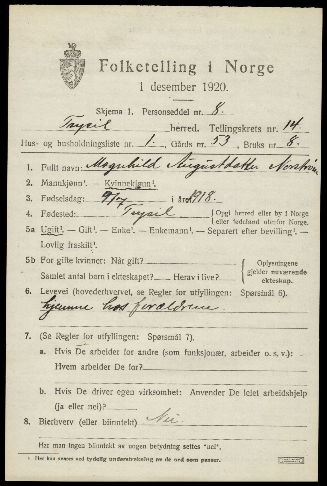 SAH, 1920 census for Trysil, 1920, p. 7879