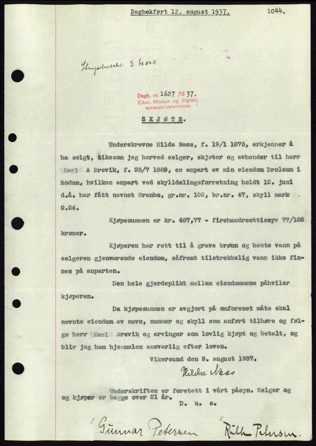 Eiker, Modum og Sigdal sorenskriveri, SAKO/A-123/G/Ga/Gab/L0035: Mortgage book no. A5, 1937-1937, Diary no: : 1627/1937