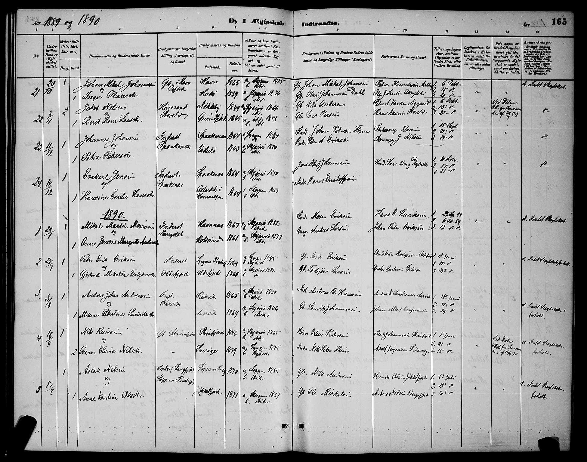 Skjervøy sokneprestkontor, SATØ/S-1300/H/Ha/Hab/L0007klokker: Parish register (copy) no. 7, 1889-1899, p. 165