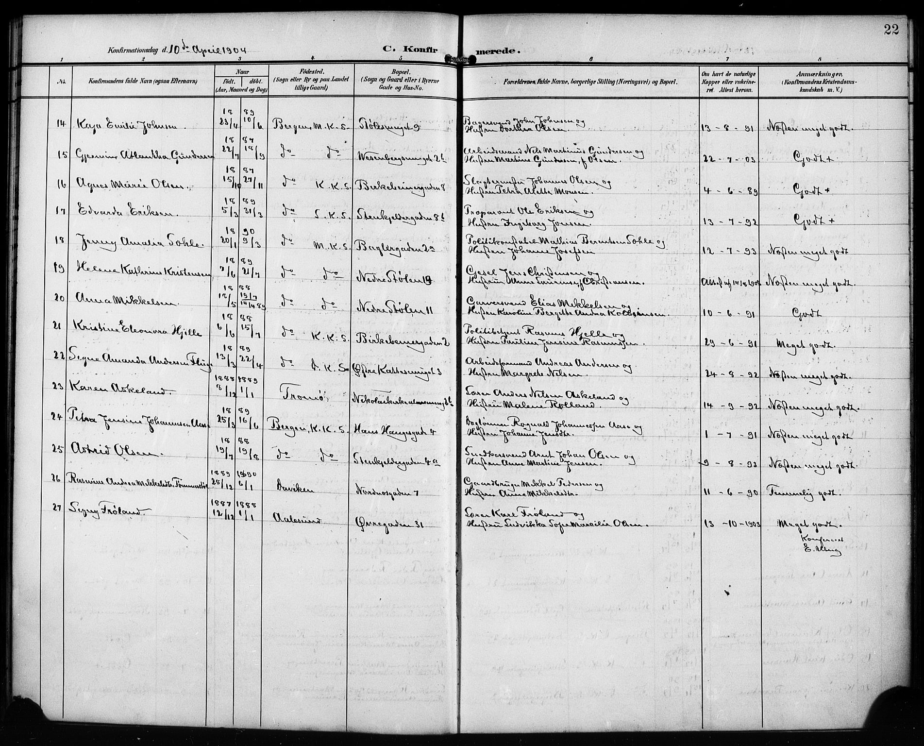 Mariakirken Sokneprestembete, AV/SAB-A-76901/H/Hab/L0009: Parish register (copy) no. A 9, 1901-1919, p. 22