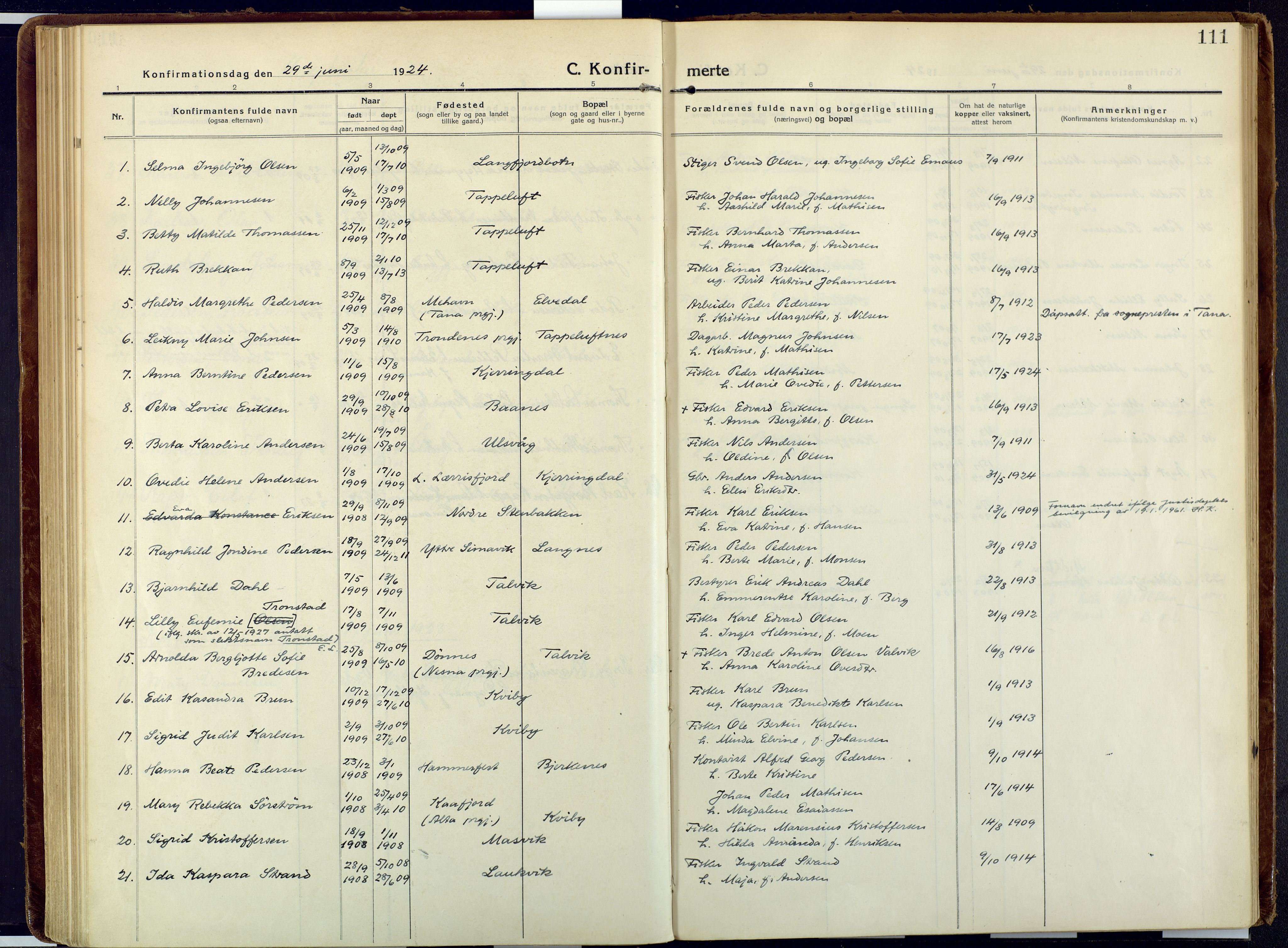 Talvik sokneprestkontor, SATØ/S-1337/H/Ha/L0018kirke: Parish register (official) no. 18, 1915-1924, p. 111
