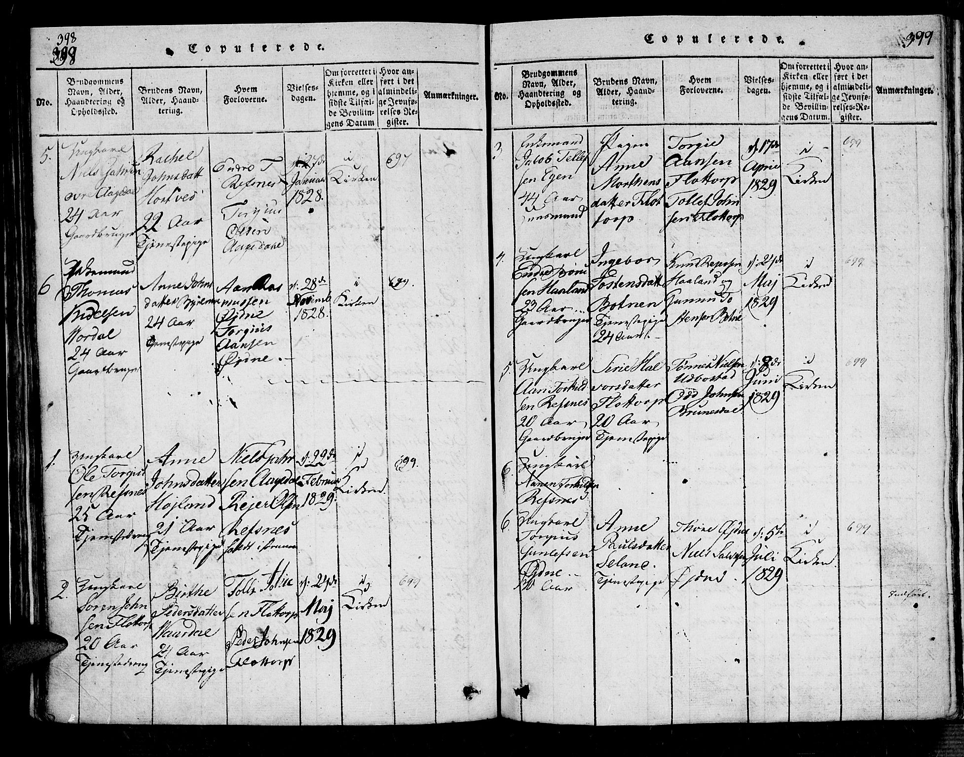 Bjelland sokneprestkontor, SAK/1111-0005/F/Fa/Fac/L0001: Parish register (official) no. A 1, 1815-1866, p. 398-399