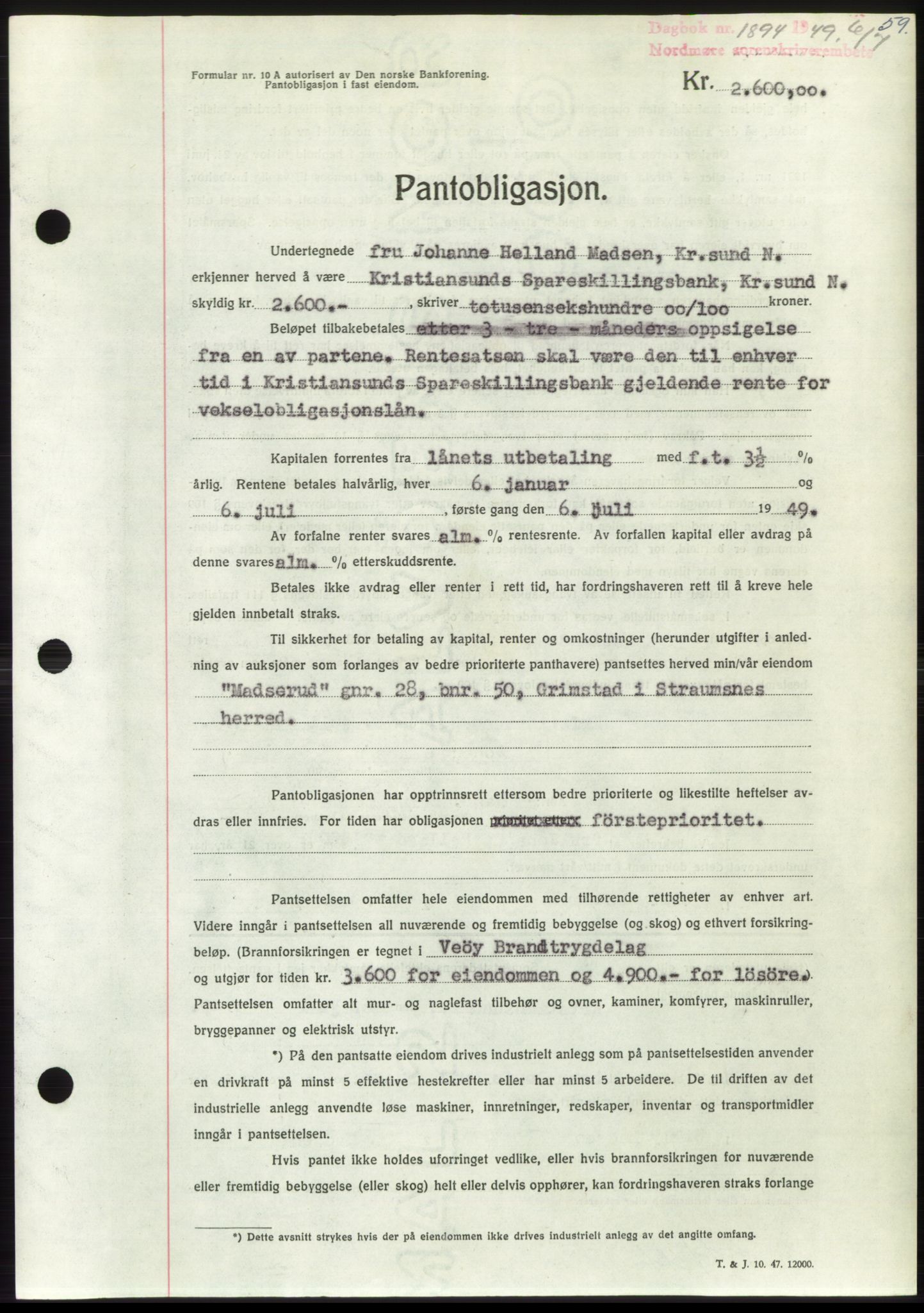 Nordmøre sorenskriveri, AV/SAT-A-4132/1/2/2Ca: Mortgage book no. B102, 1949-1949, Diary no: : 1894/1949