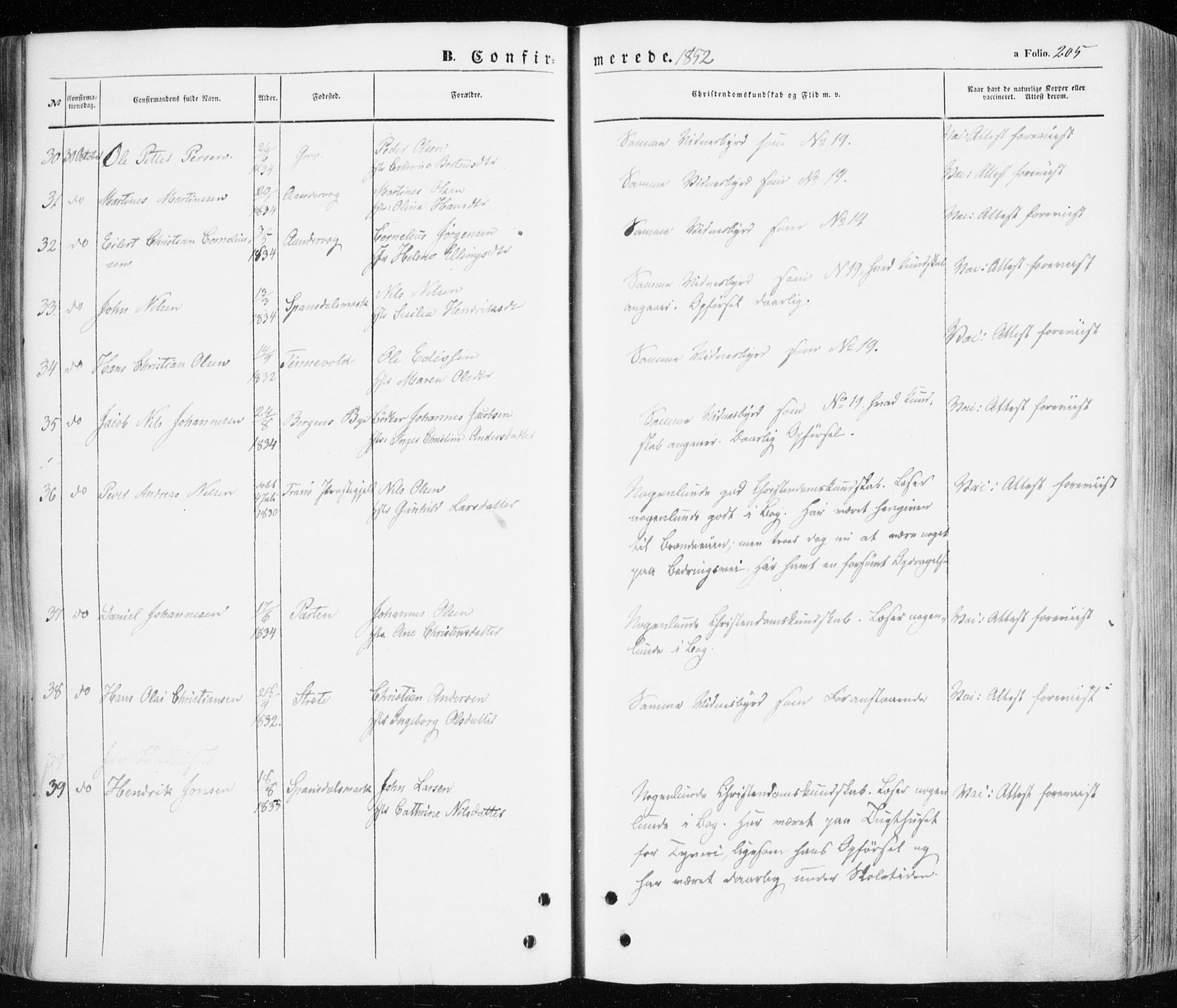 Ibestad sokneprestembete, SATØ/S-0077/H/Ha/Haa/L0008kirke: Parish register (official) no. 8, 1850-1859, p. 205