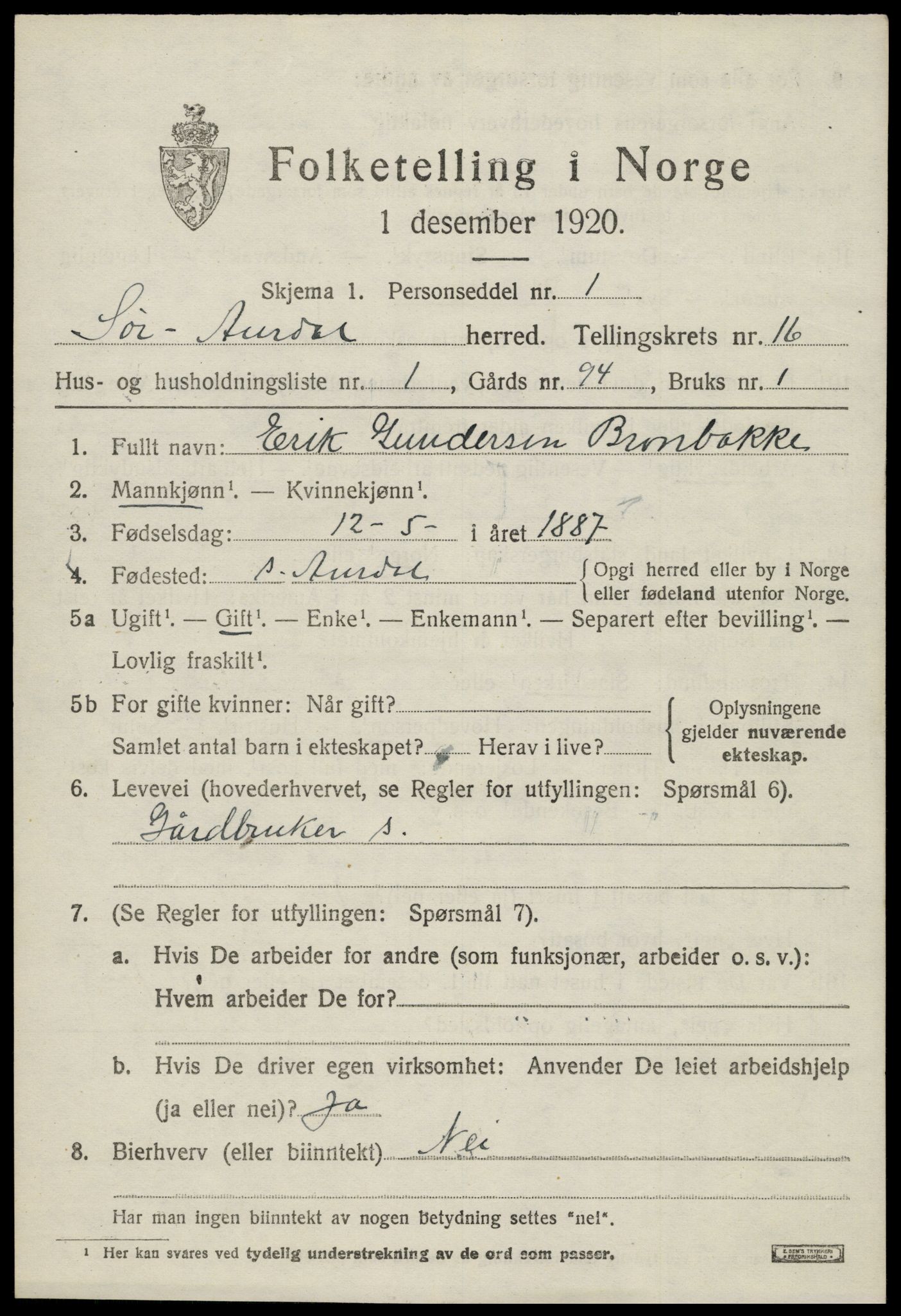 SAH, 1920 census for Sør-Aurdal, 1920, p. 9213